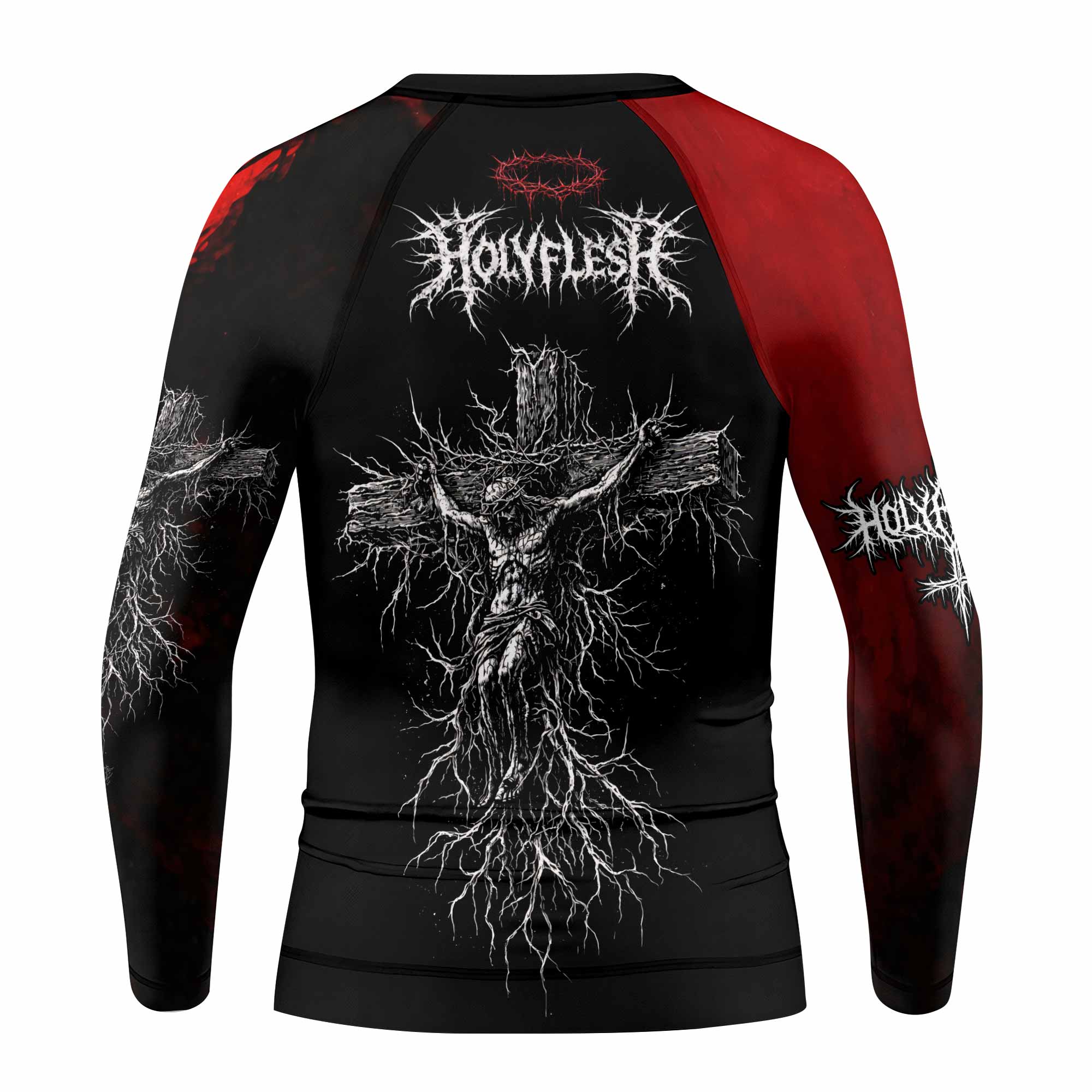Holy Flesh Crown of Thorns Kids Rash Guard Long Sleeve - back view mockup