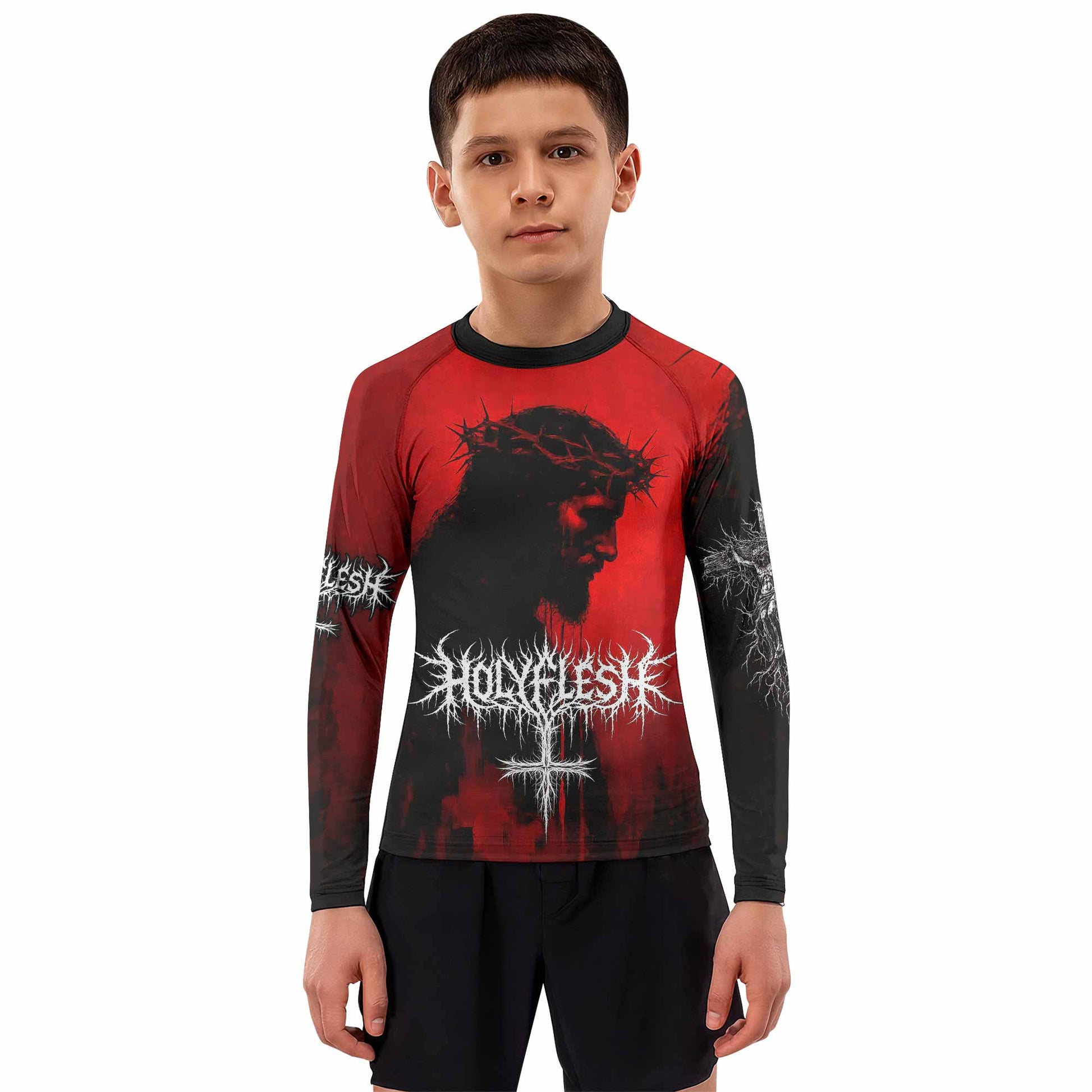 Holy Flesh Crown of Thorns Kids Rash Guard Long Sleeve - boy's lifestyle view
