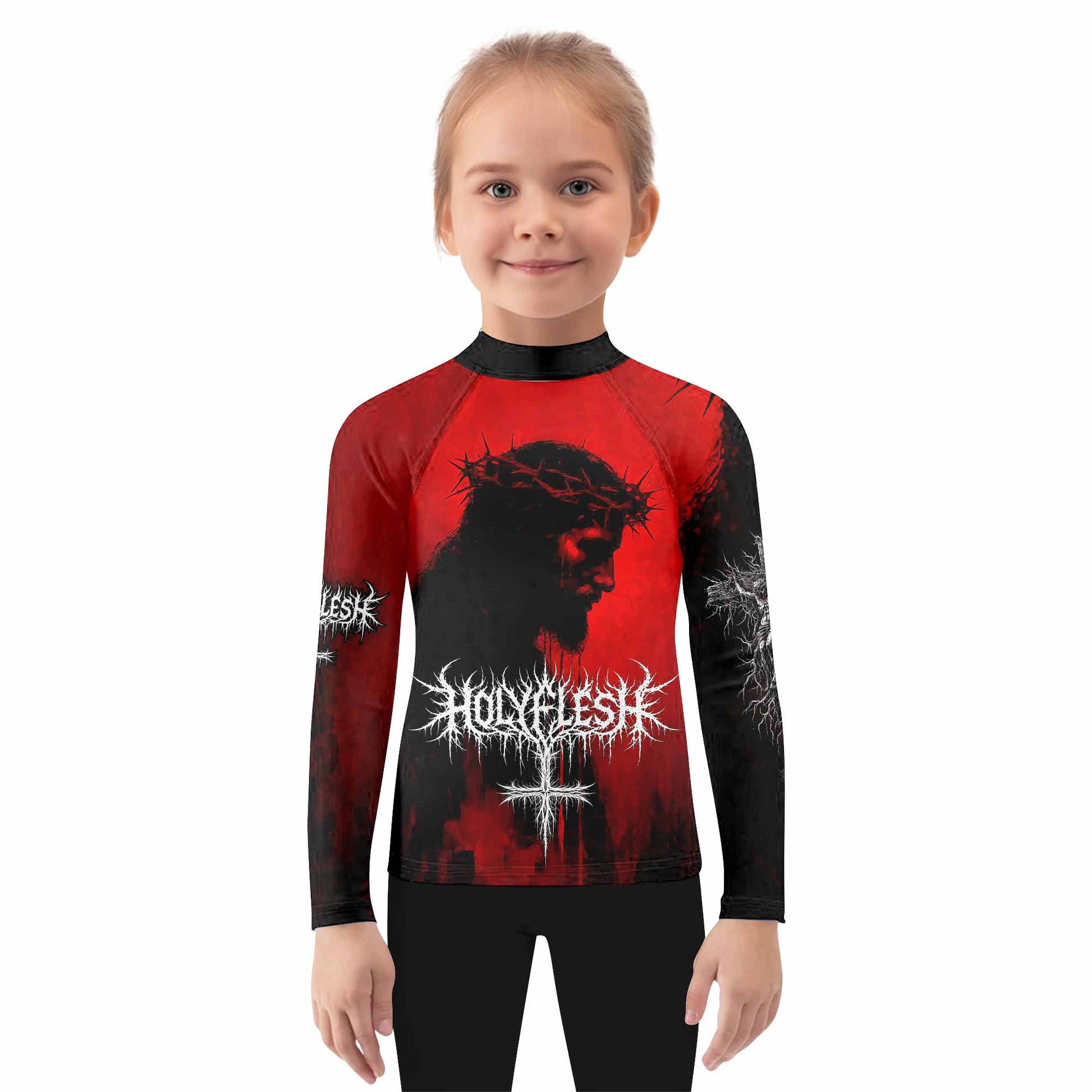 Holy Flesh Crown of Thorns Kids Rash Guard Long Sleeve - girl's lifestyle view