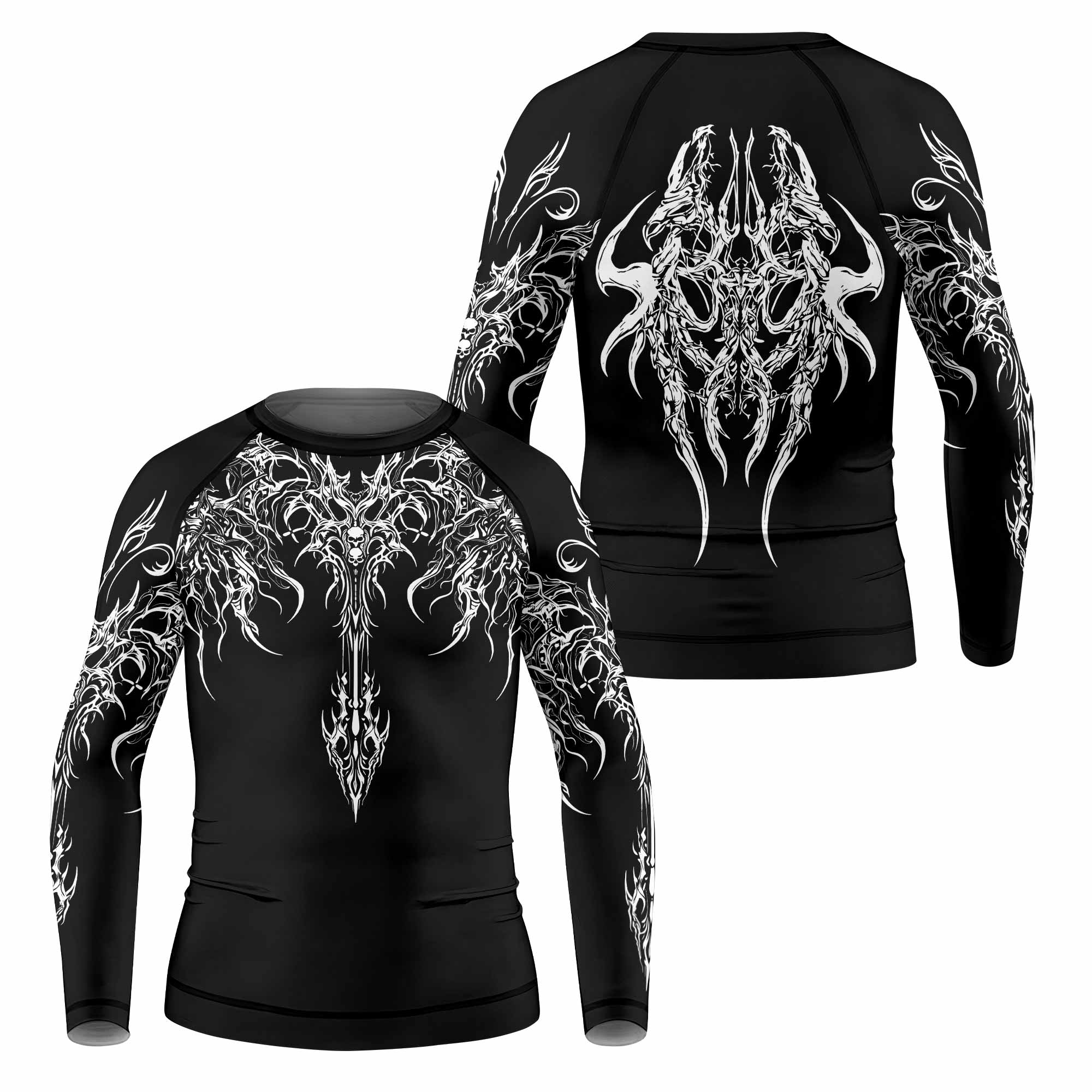 Gothic Bone Skull Kids Rash Guard Long Sleeve - front and back view