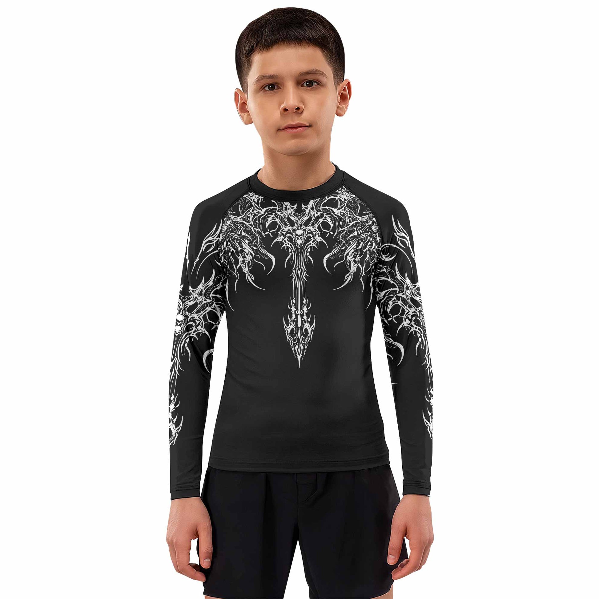 Gothic Bone Skull Kids Rash Guard Long Sleeve - boy's lifestyle view
