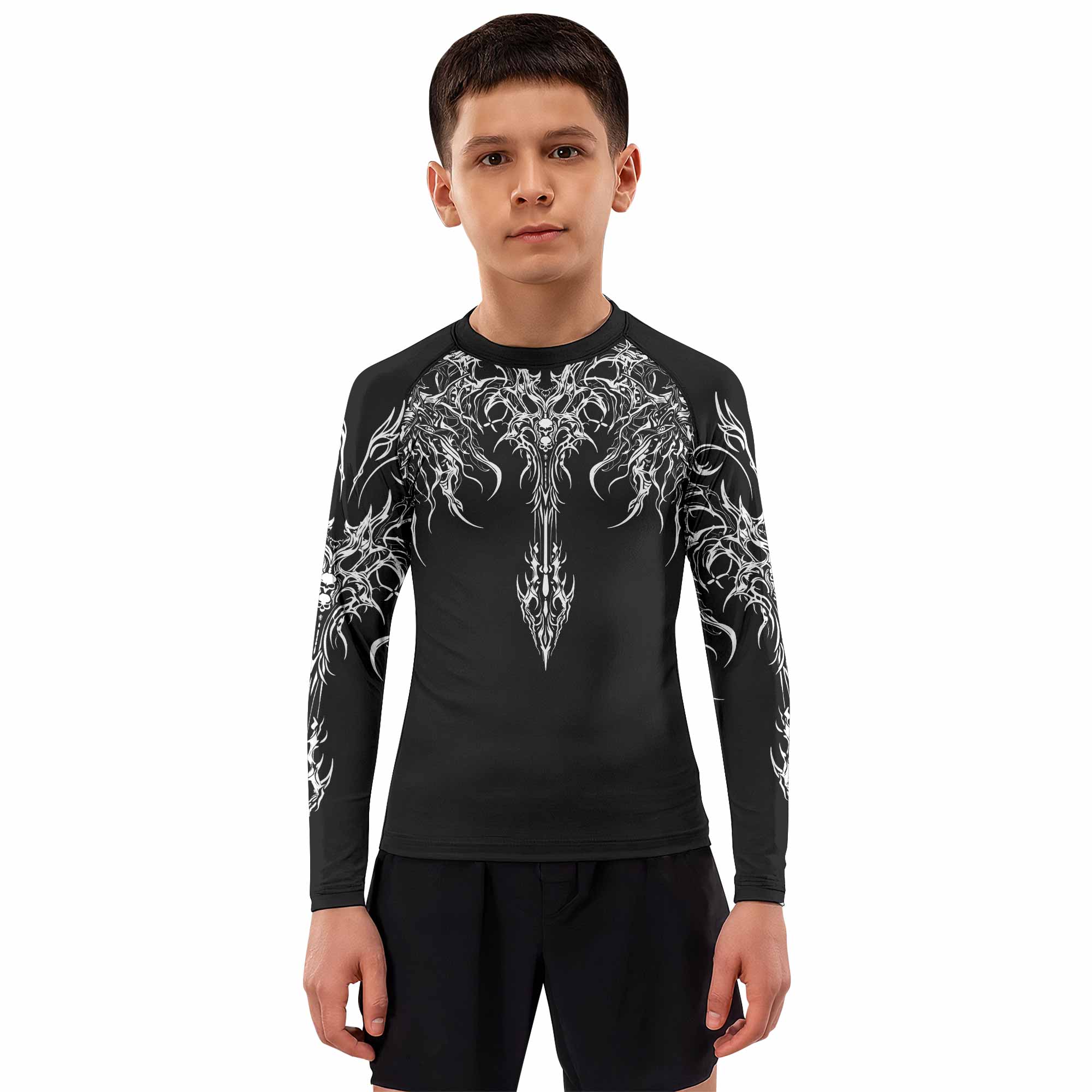 Gothic Bone Skull Kids Rash Guard Long Sleeve - boy's lifestyle view