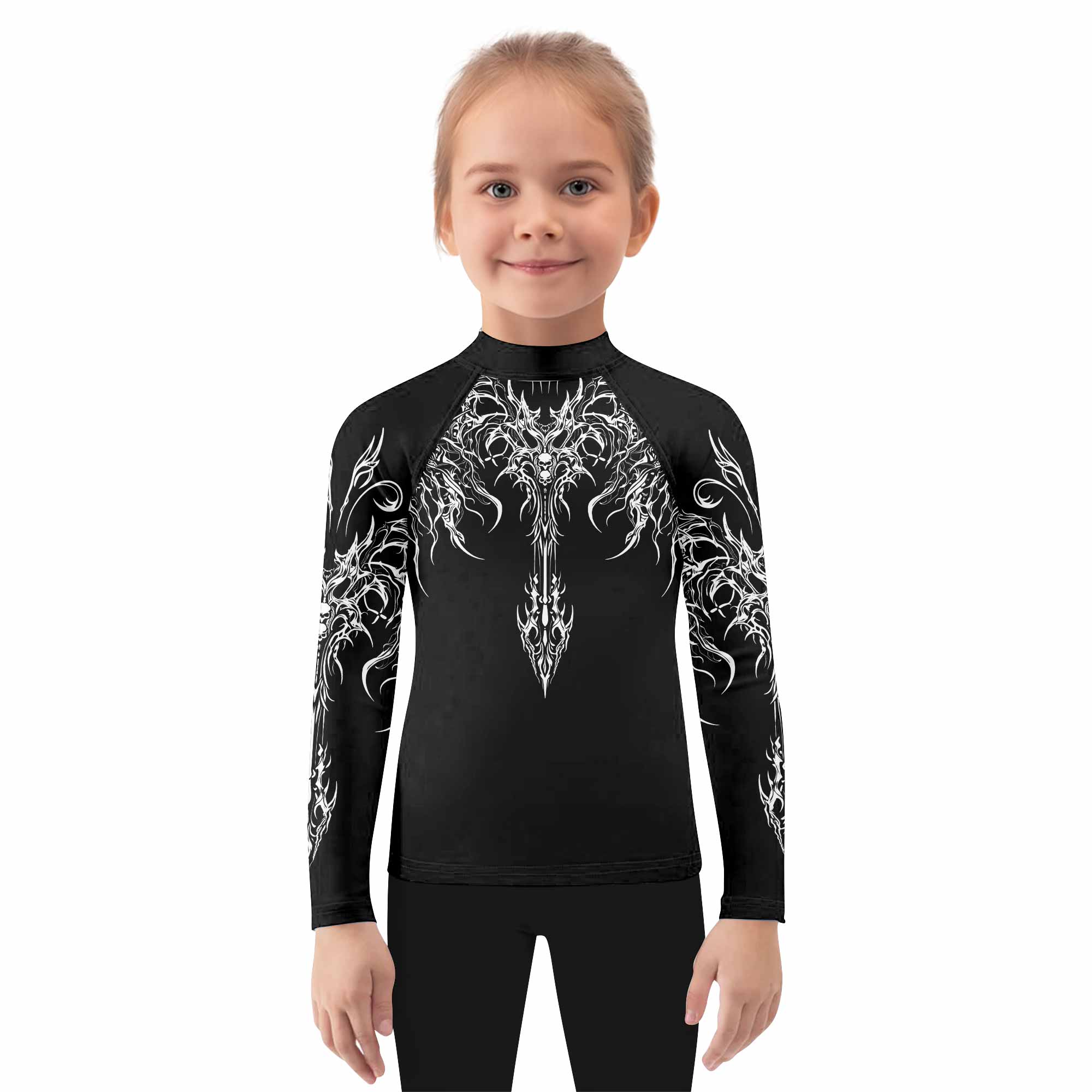 Gothic Bone Skull Kids Rash Guard Long Sleeve - girl's lifestyle view