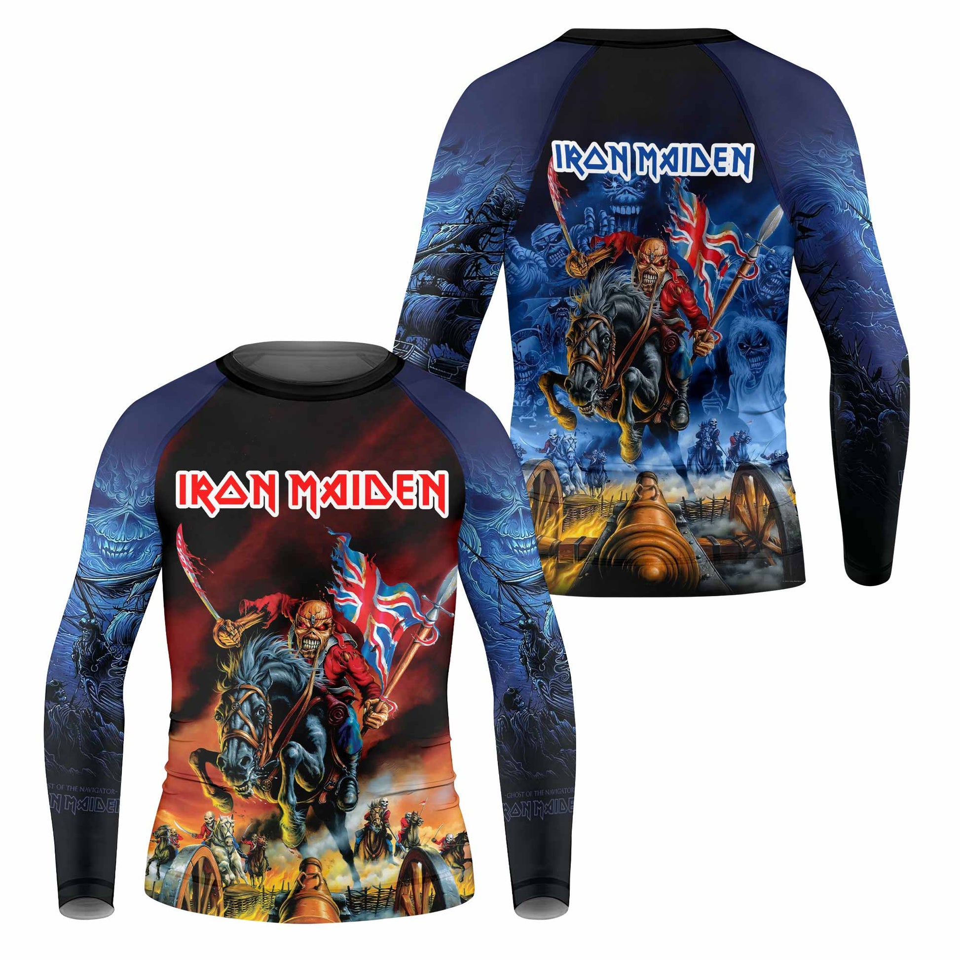 Iron Maiden England Flag Kids Rash Guard Long Sleeve - front and back view