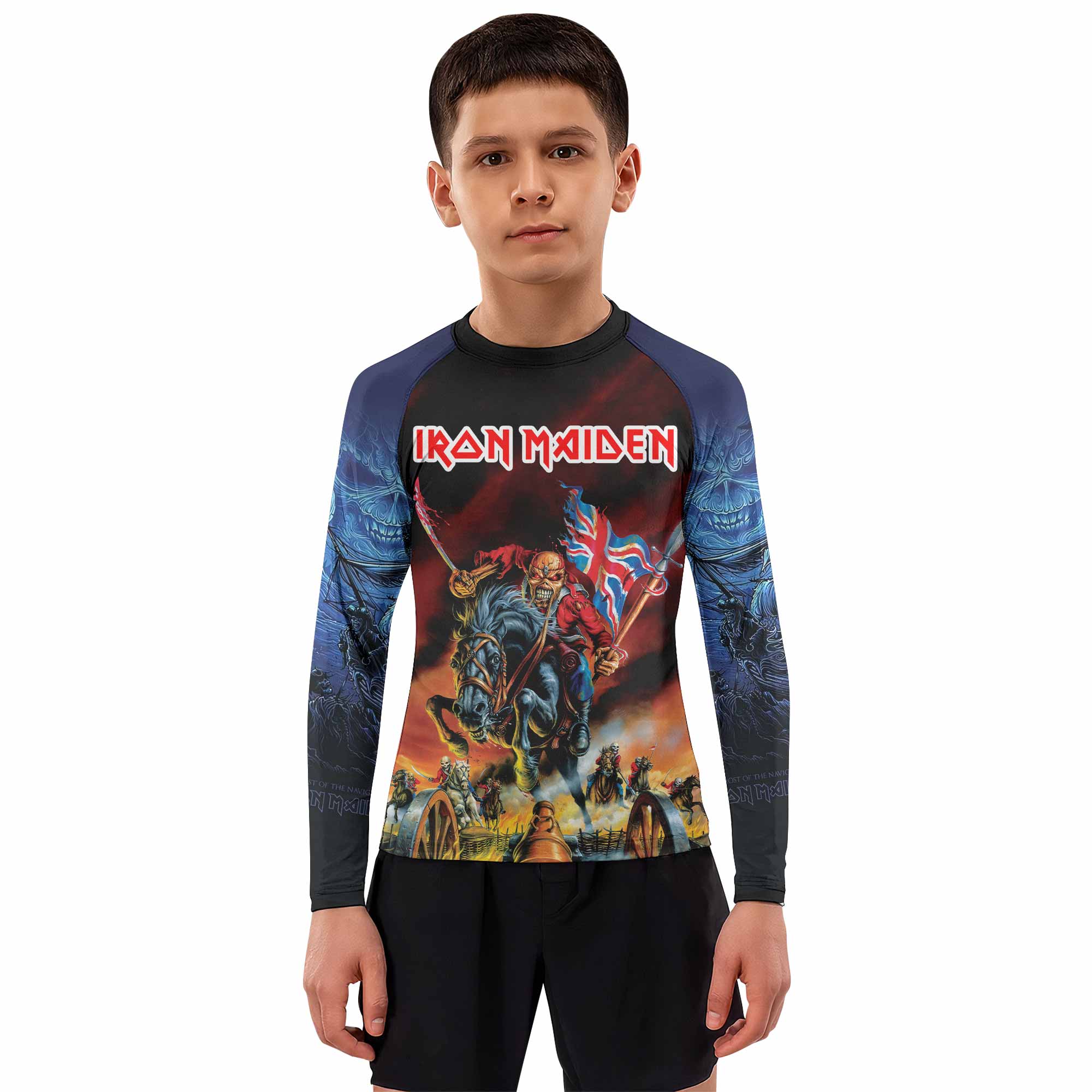 Iron Maiden England Flag Kids Rash Guard Long Sleeve - boy's lifestyle view