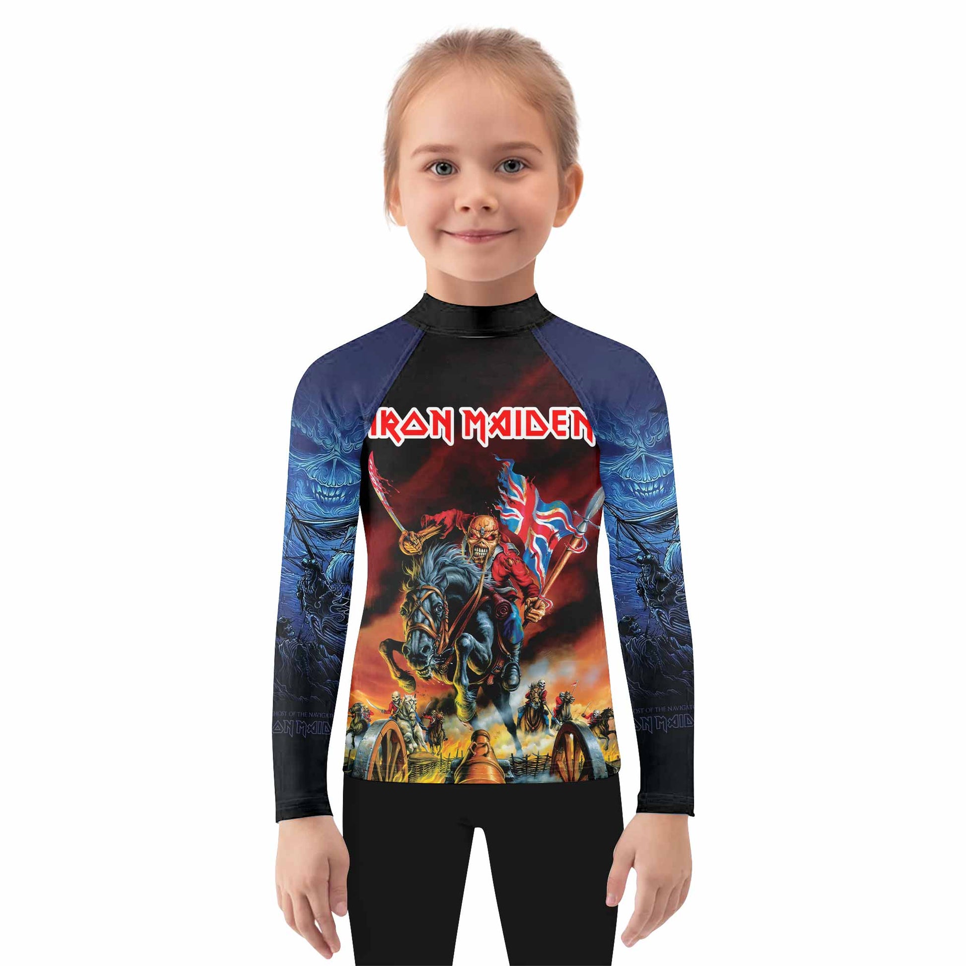 Iron Maiden England Flag Kids Rash Guard Long Sleeve - girl's lifestyle view