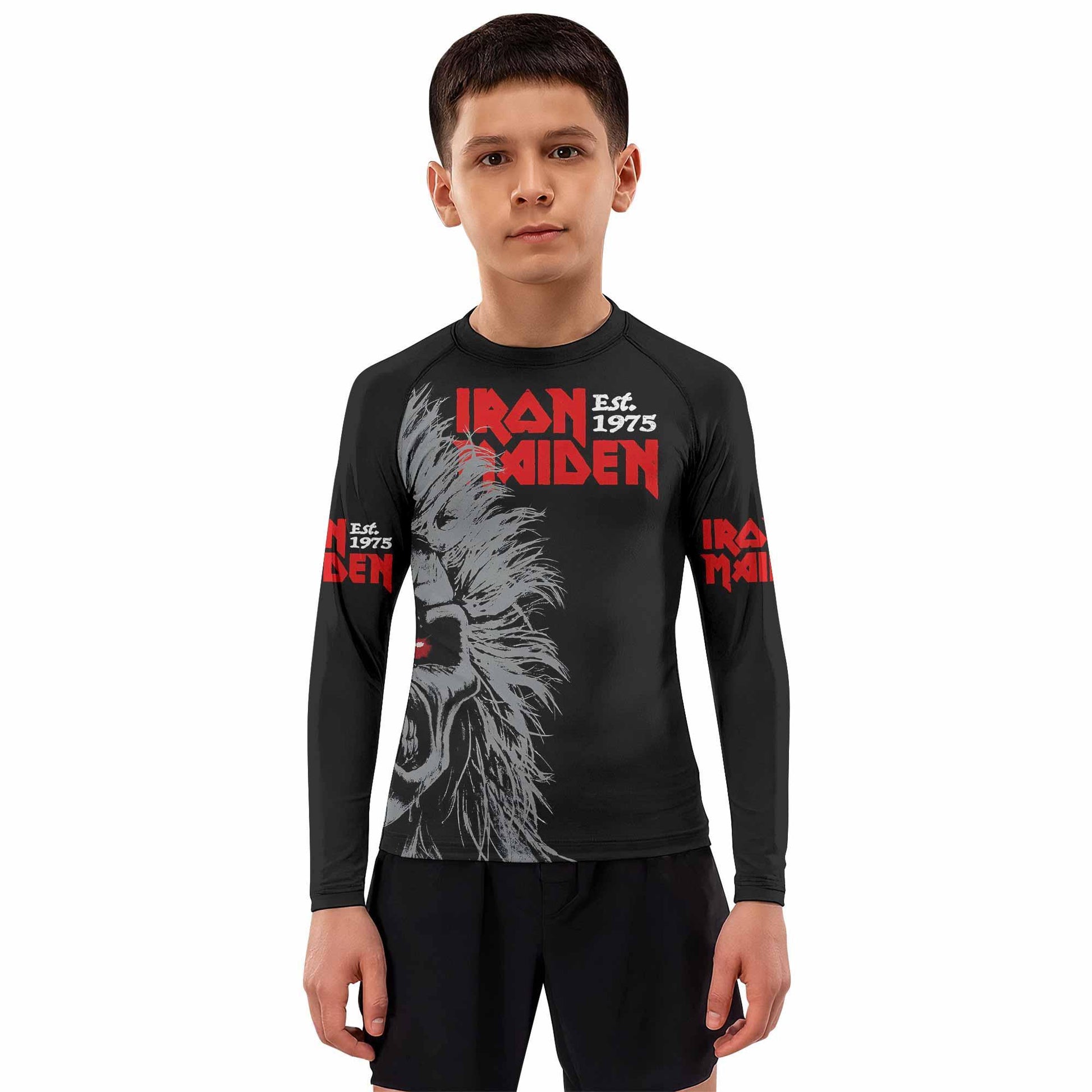 Iron Maiden Eddie the Head Kids Rash Guard Long Sleeve - boy's lifestyle view