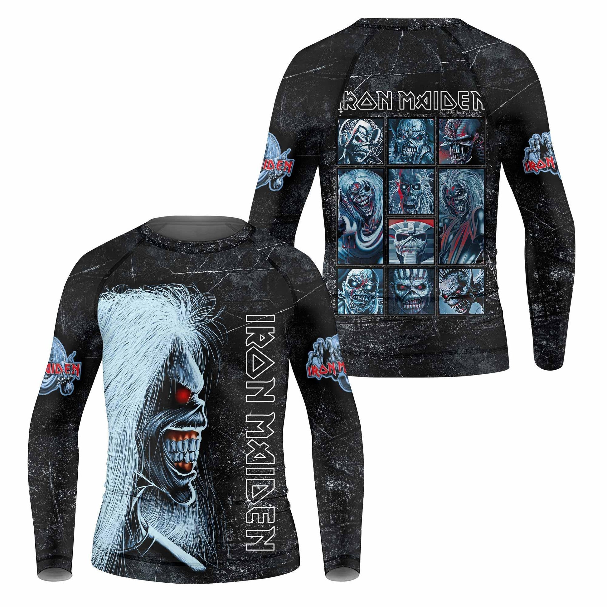 Iron Maiden The Ten Eddies Kids Rash Guard Long Sleeve - front and back view
