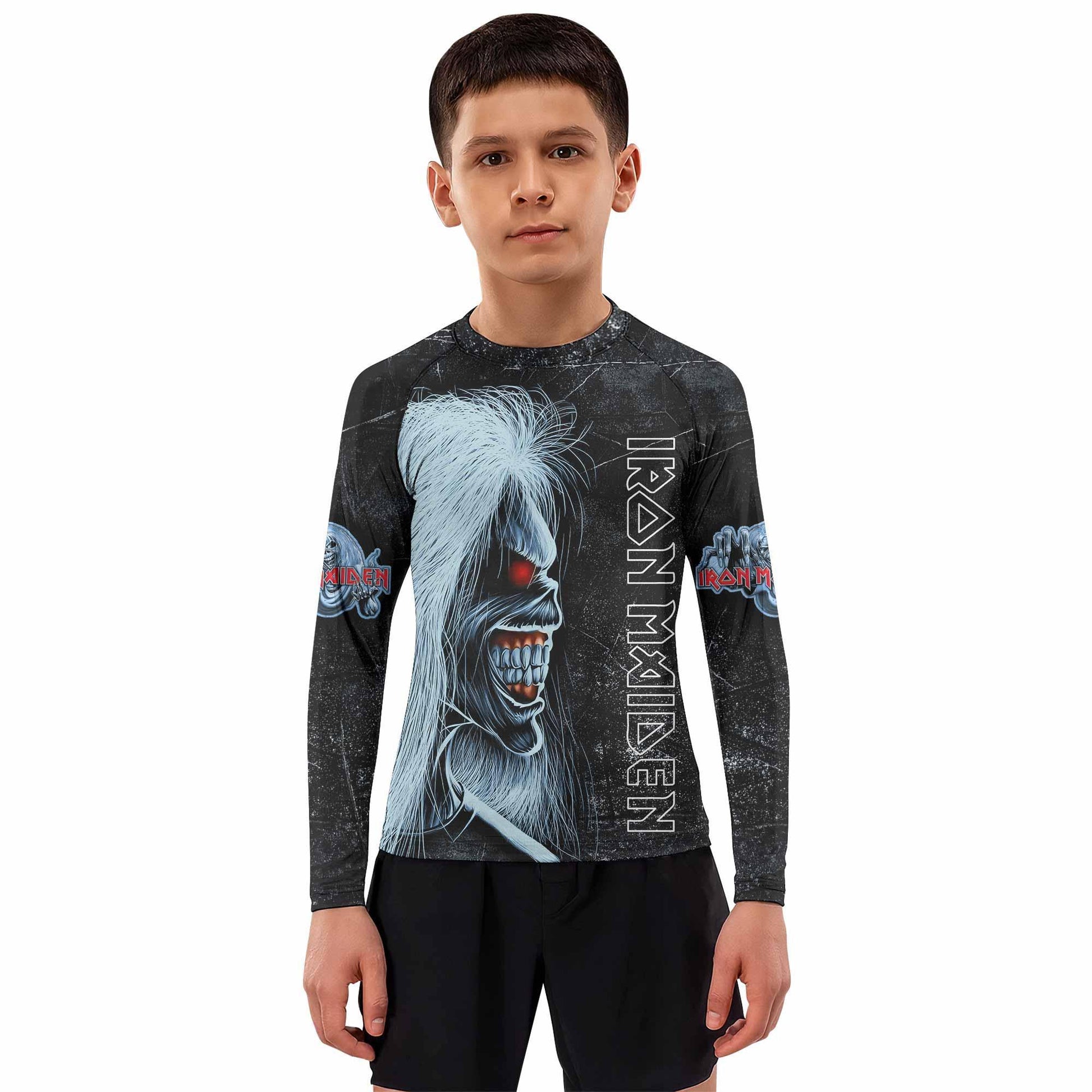 Iron Maiden The Ten Eddies Kids Rash Guard Long Sleeve - boy's lifestyle view