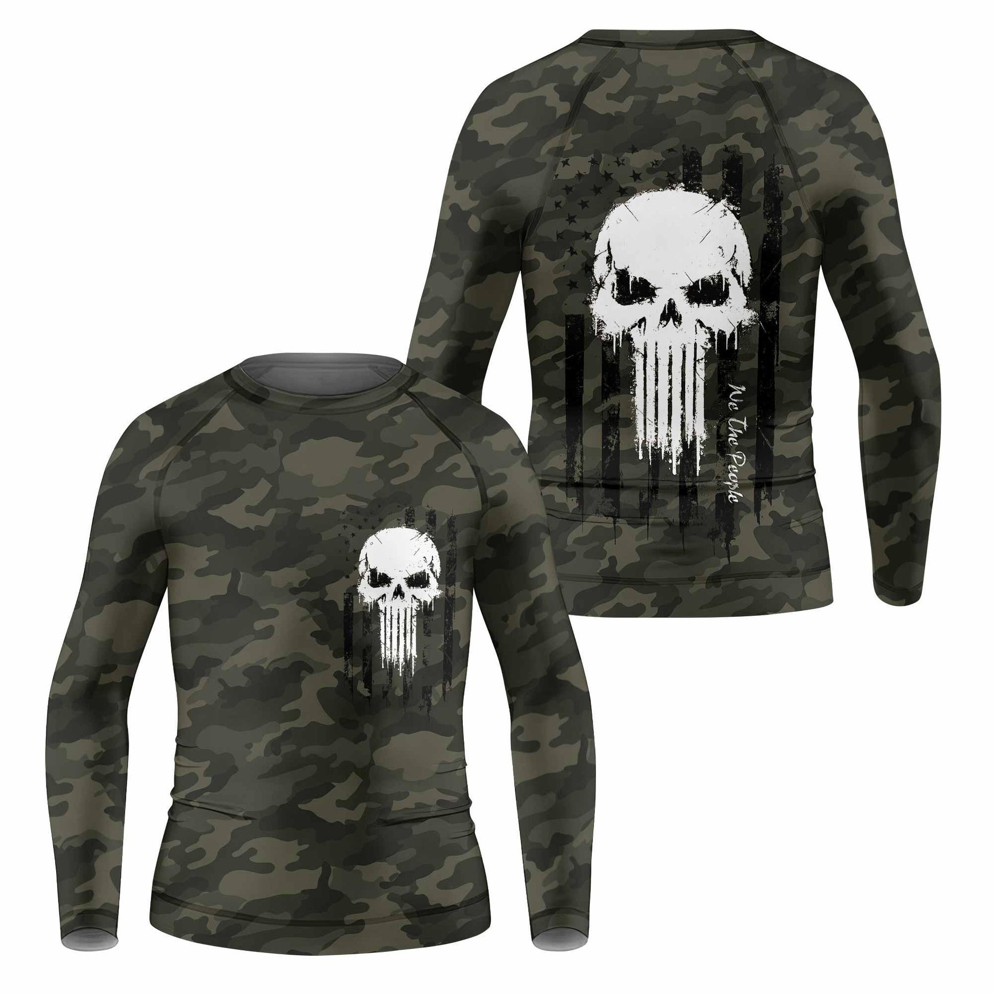 The Punisher Skull We The People Kids Rash Guard Long Sleeve - front and back view