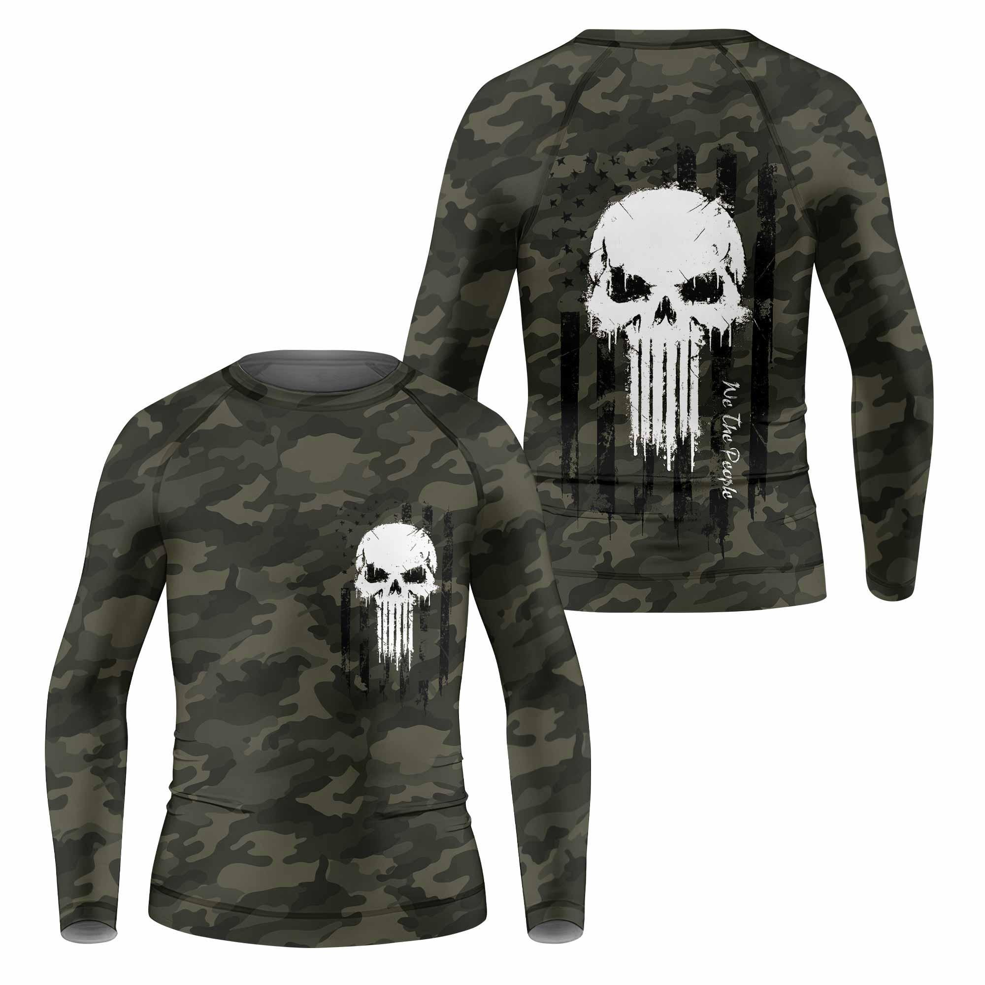 The Punisher Skull We The People Kids Rash Guard Long Sleeve - front and back view