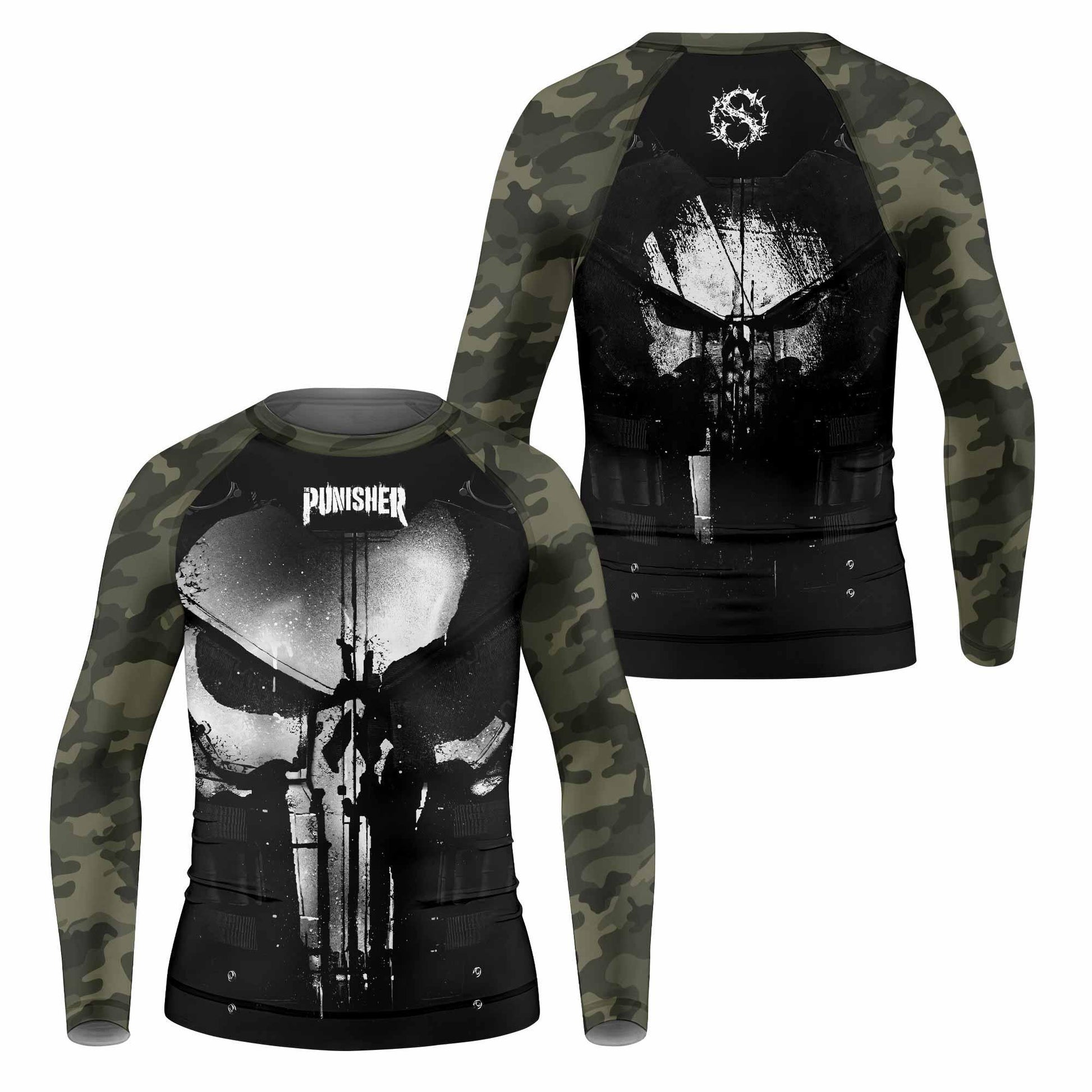 The Punisher Skull Camouflage Kids Rash Guard Long Sleeve - front and back view