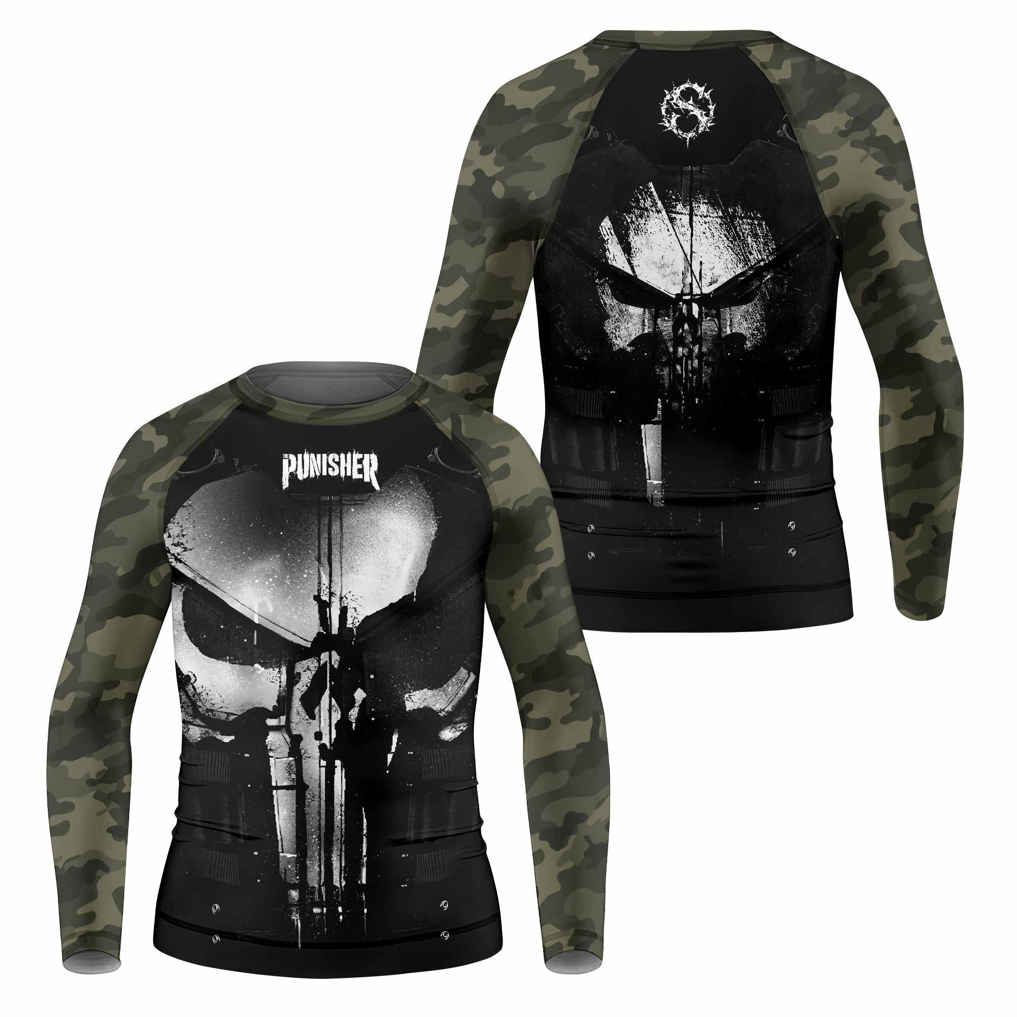 The Punisher Skull Camouflage Kids Rash Guard Long Sleeve - front and back view