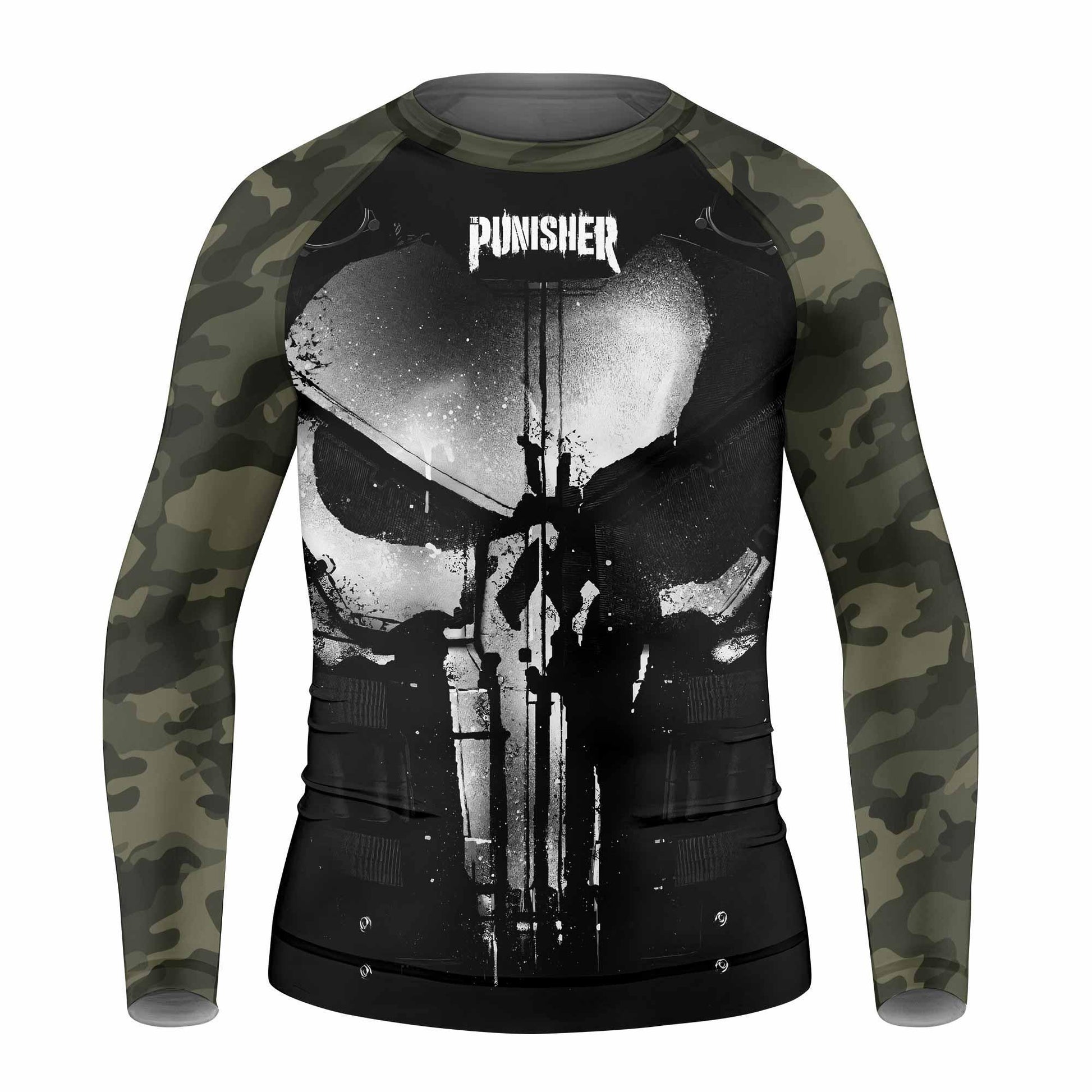 The Punisher Skull Camouflage Kids Rash Guard Long Sleeve - front view mockup