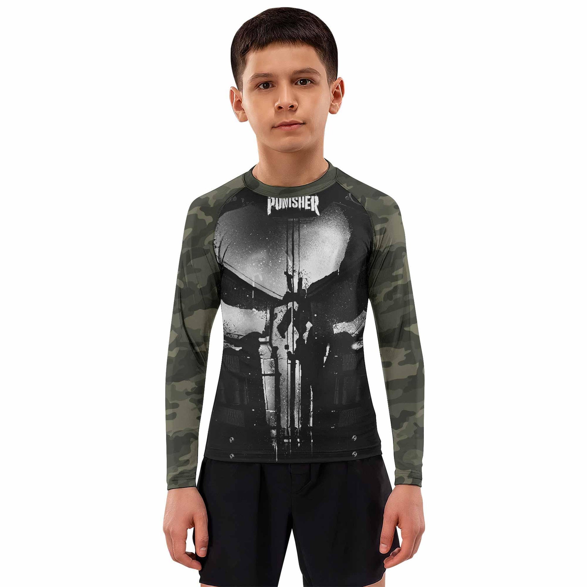 The Punisher Skull Camouflage Kids Rash Guard Long Sleeve - boy's lifestyle view