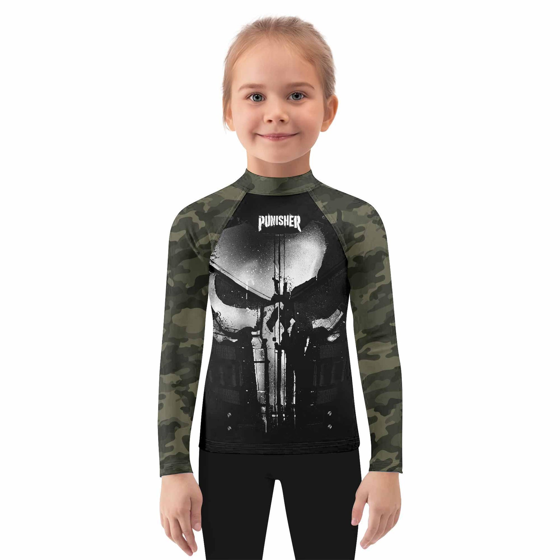 The Punisher Skull Camouflage Kids Rash Guard Long Sleeve - girl's lifestyle view