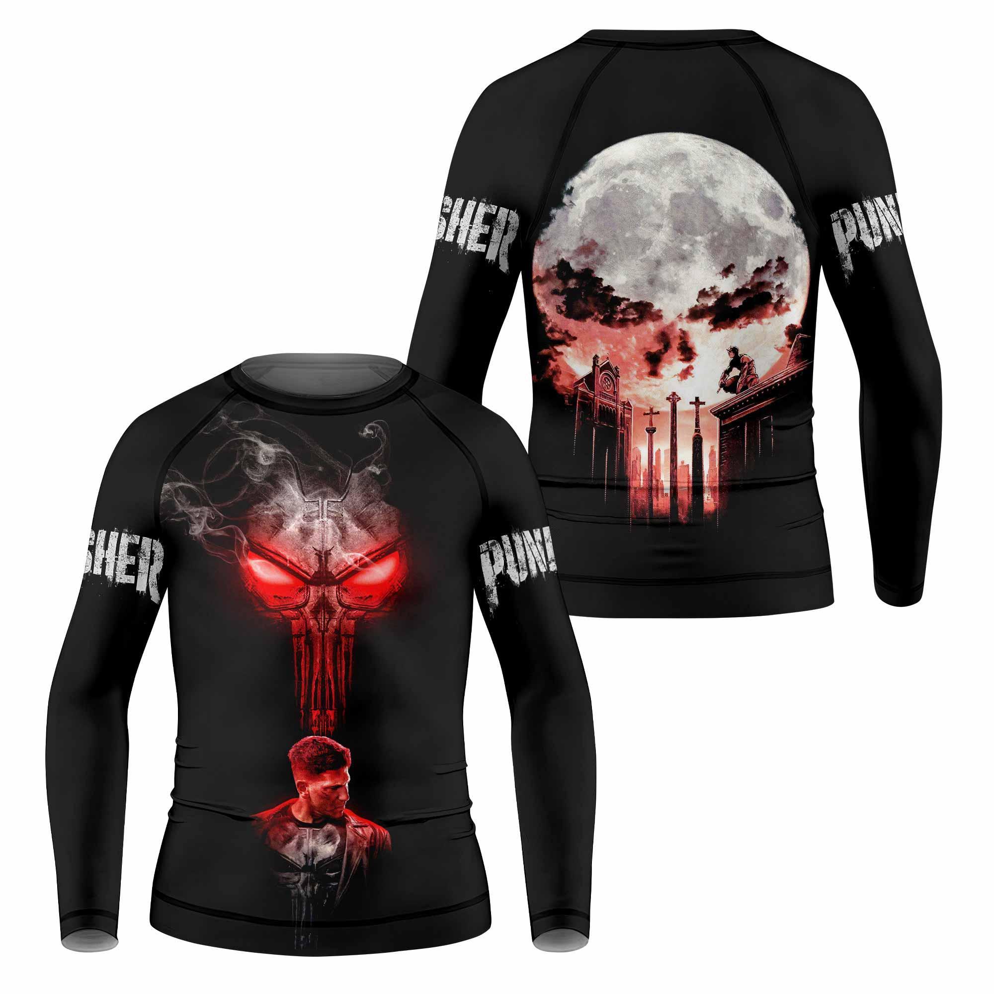 The Punisher Skull Frank Castle Kids Rash Guard Long Sleeve - front and back view