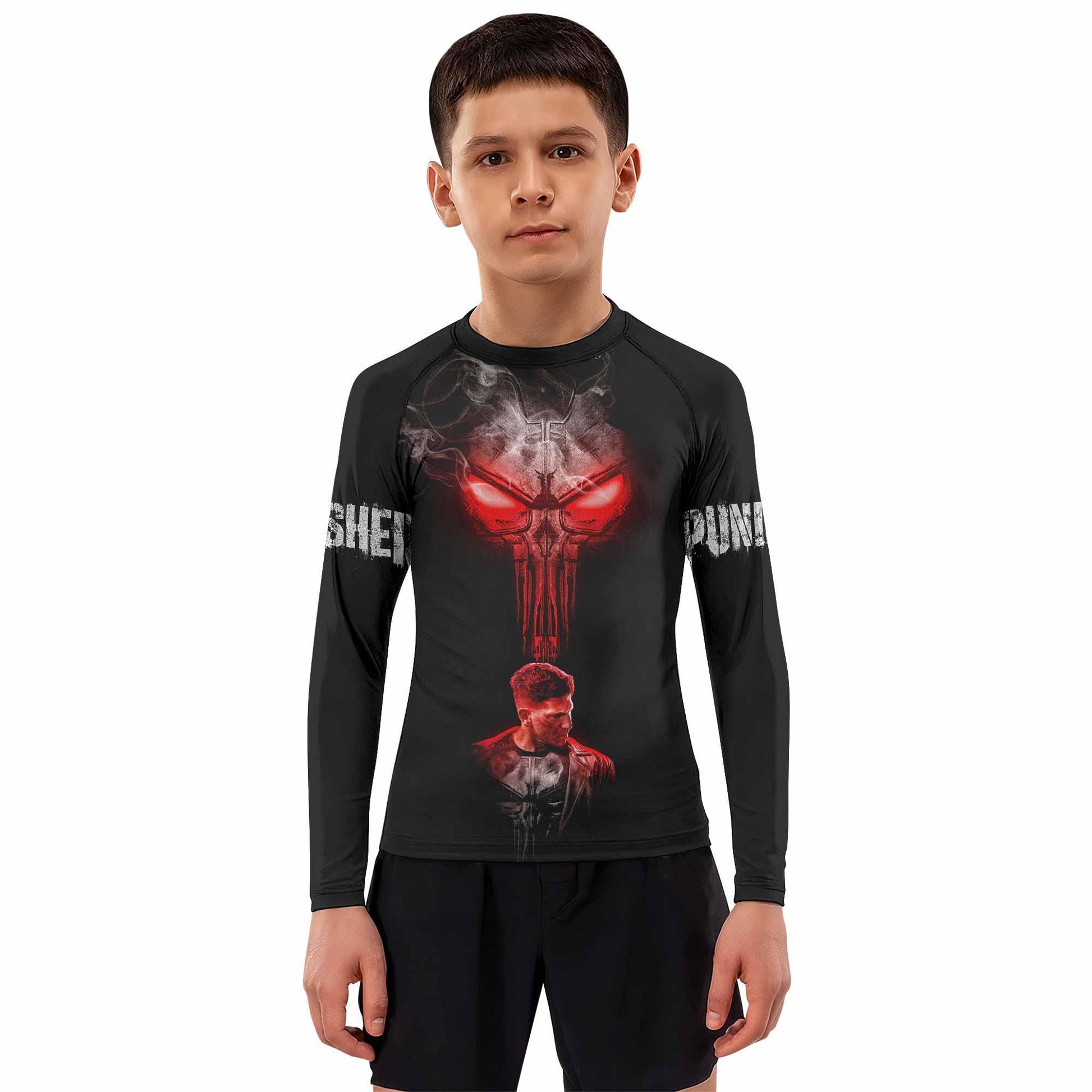 The Punisher Skull Frank Castle Kids Rash Guard Long Sleeve - boy's lifestyle view
