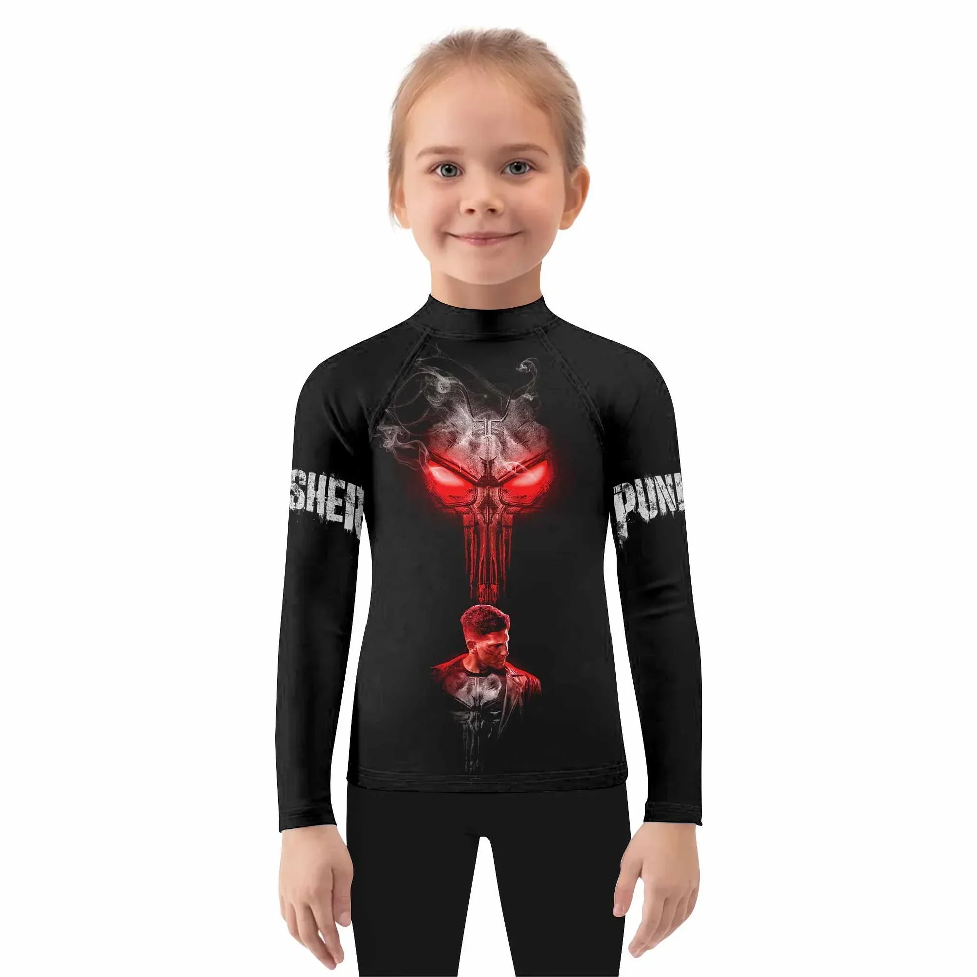 The Punisher Skull Frank Castle Kids Rash Guard Long Sleeve - girl's lifestyle view