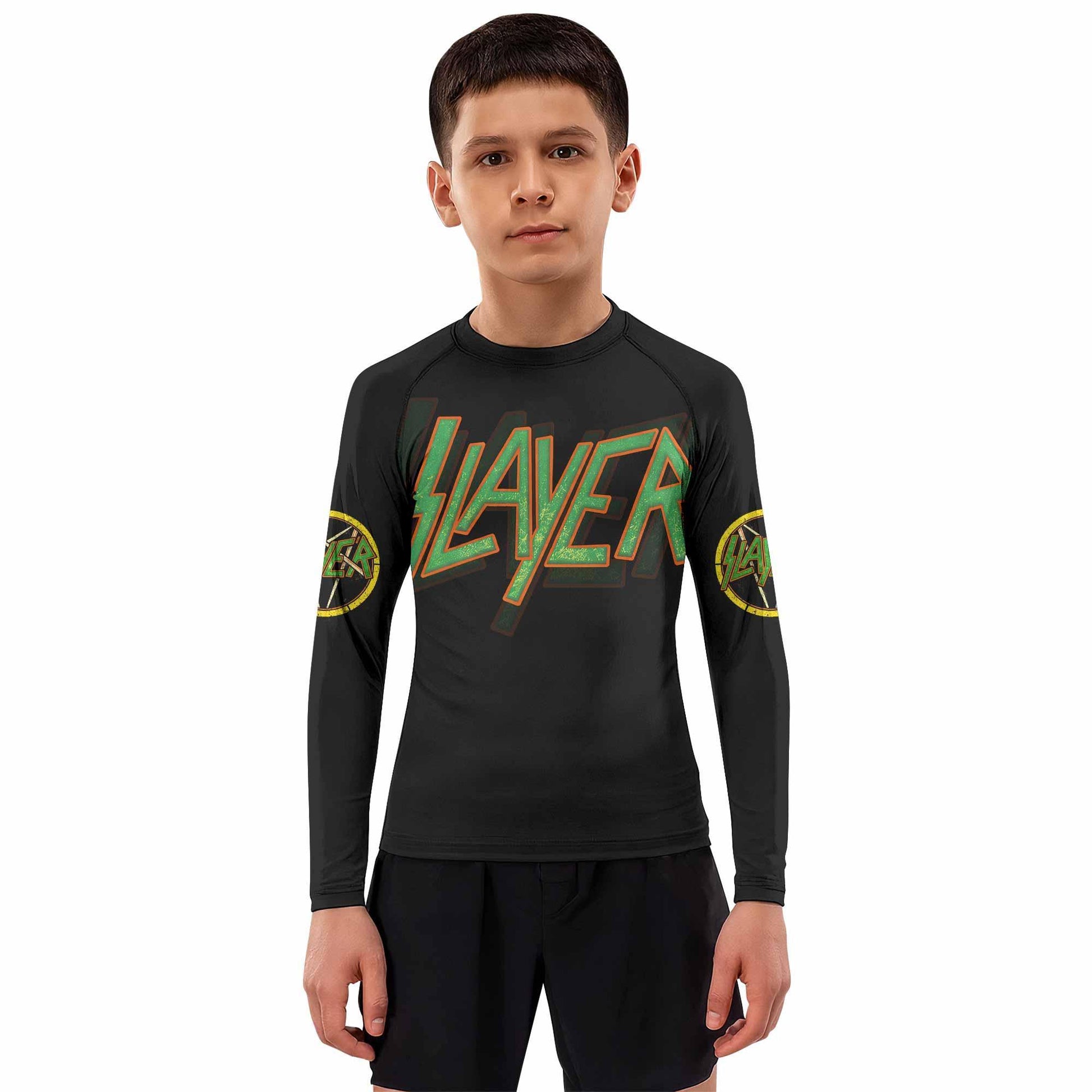 Slayer Hellfire Demon Kids Rash Guard Long Sleeve - boy's lifestyle view