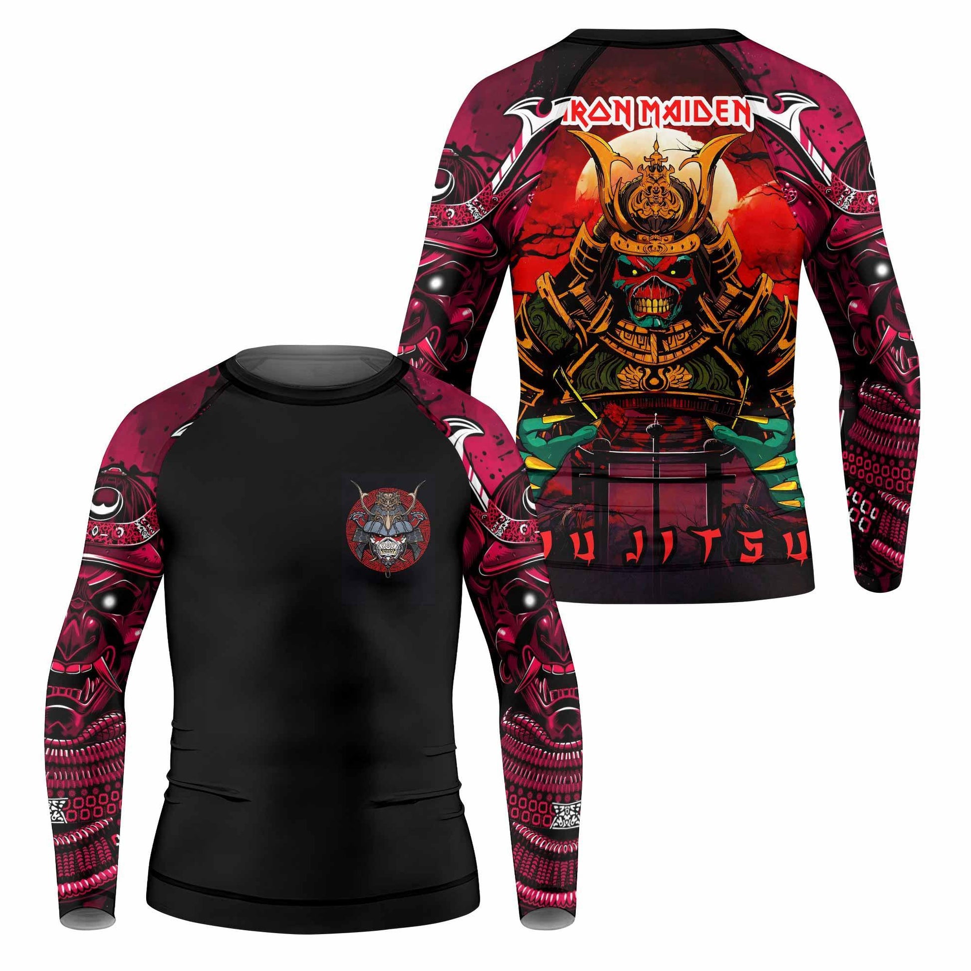 Iron Maiden Samurai Jiu-Jitsu Kids Rash Guard Long Sleeve - front and back view