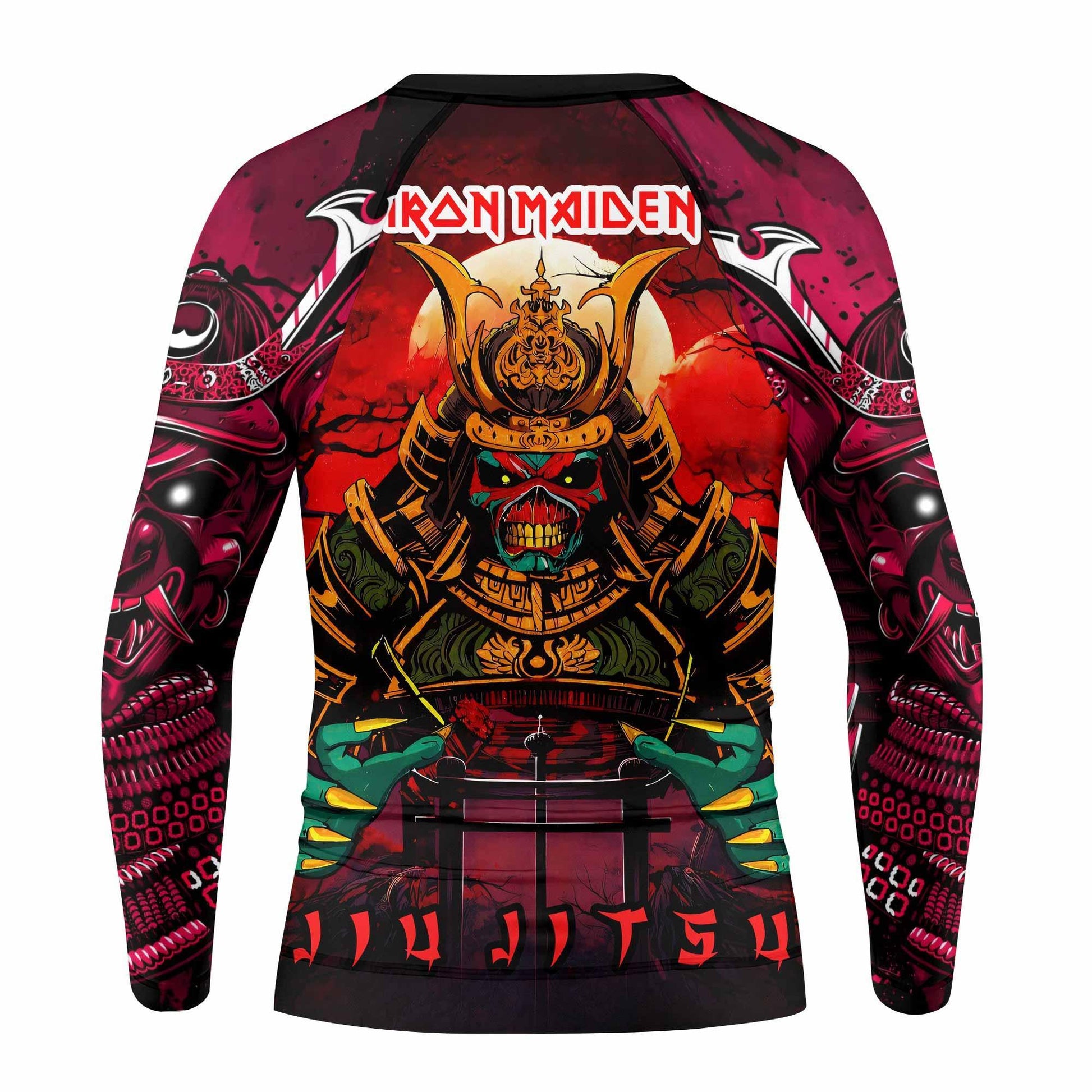Iron Maiden Samurai Jiu-Jitsu Kids Rash Guard Long Sleeve - back view mockup