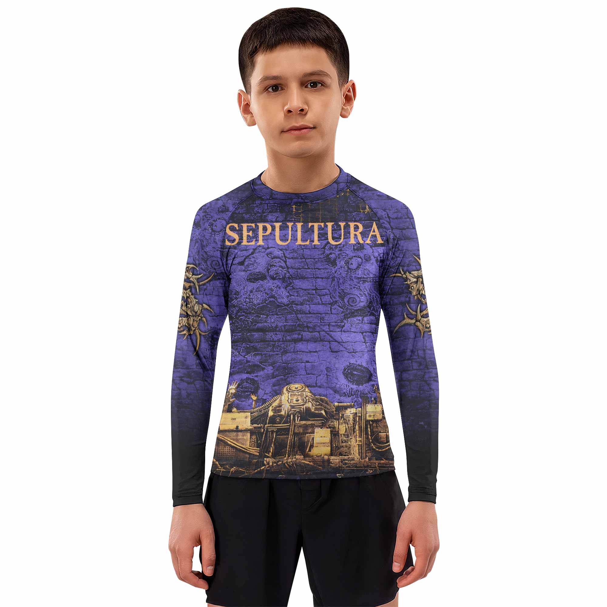 Sepultura Chaos A.D 90s Kids Rash Guard Long Sleeve - boy's lifestyle view