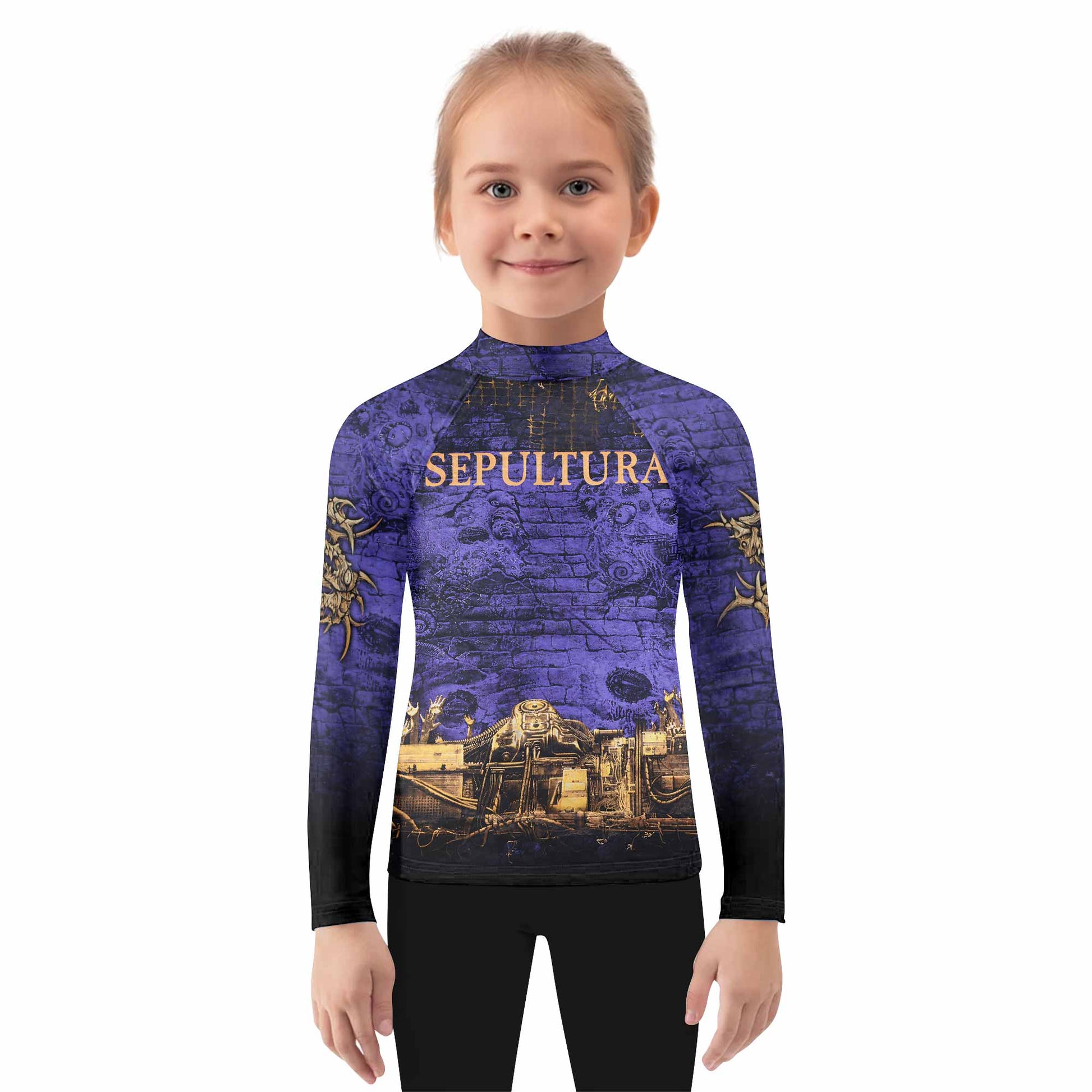 Sepultura Chaos A.D 90s Kids Rash Guard Long Sleeve - girl's lifestyle view