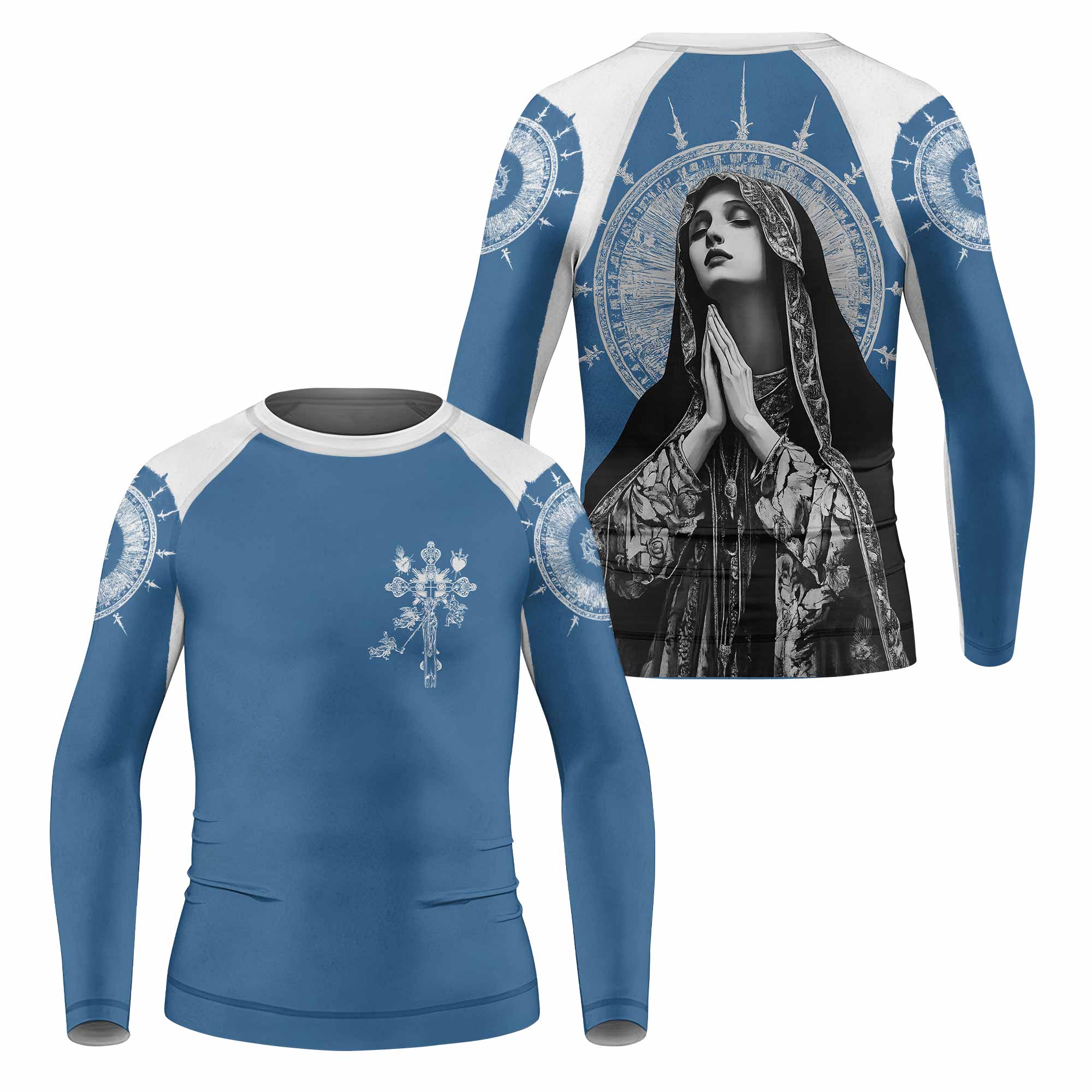 Our Lady of Sorrows Kids Rash Guard Long Sleeve - front and back view