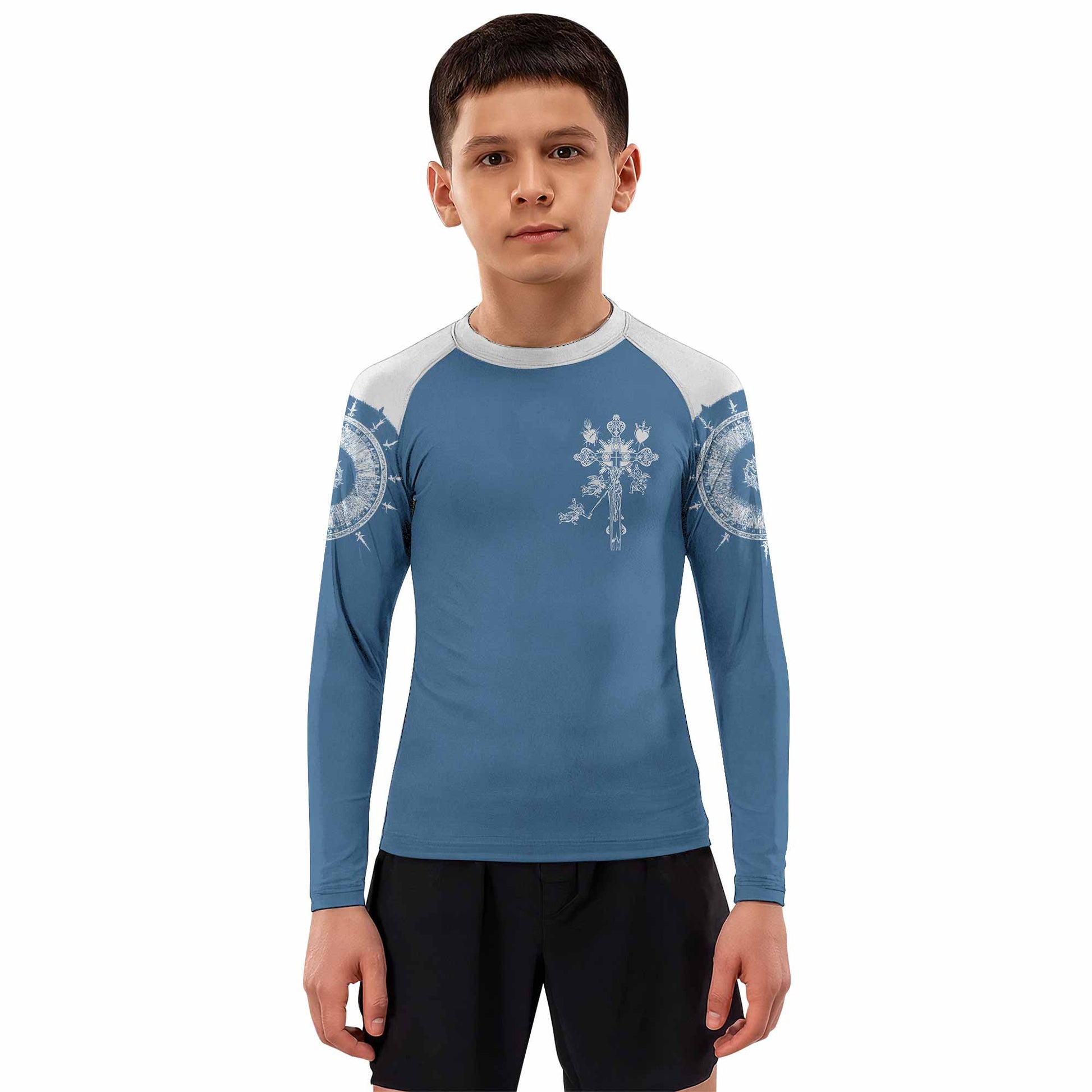Our Lady of Sorrows Kids Rash Guard Long Sleeve - boy's lifestyle view