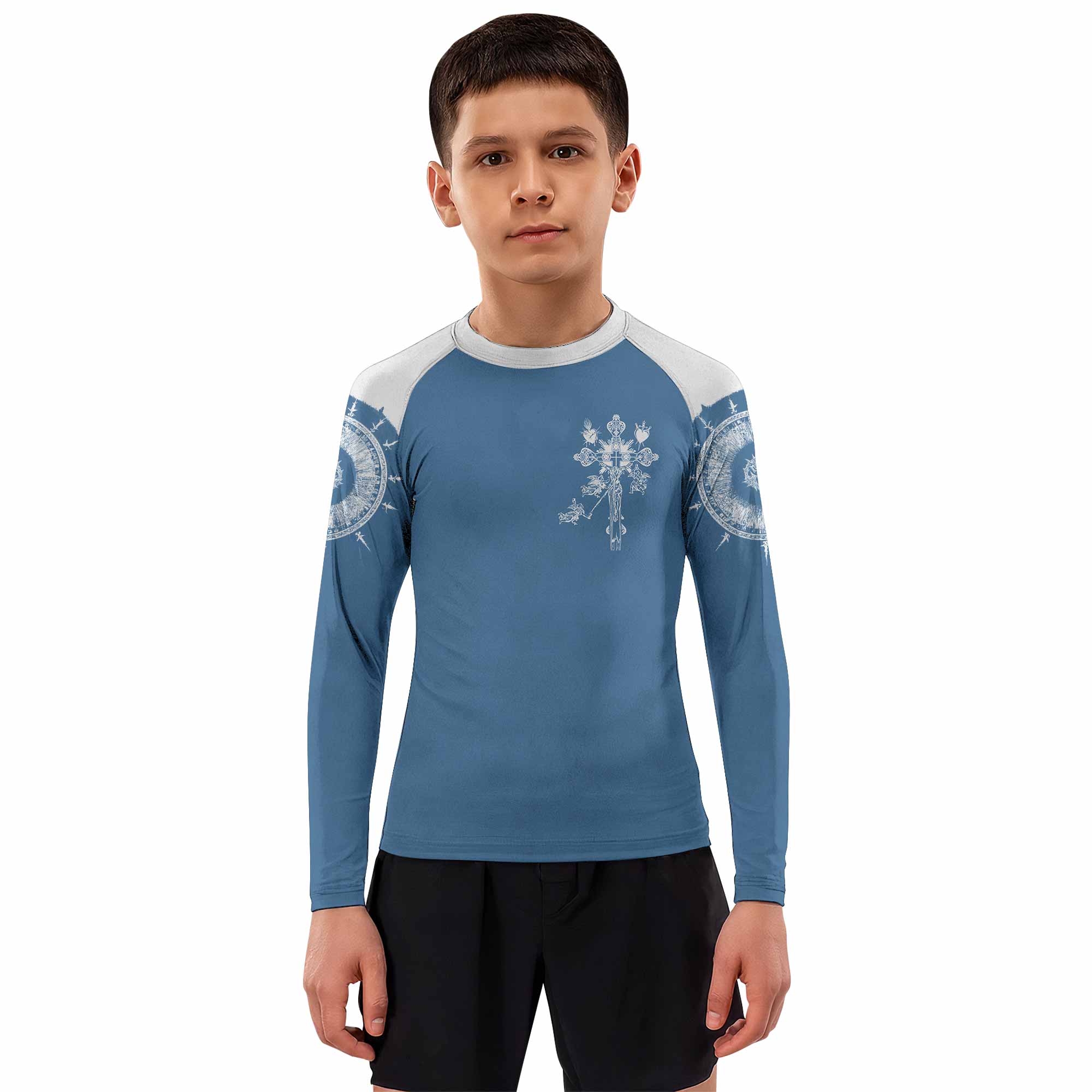 Our Lady of Sorrows Kids Rash Guard Long Sleeve - boy's lifestyle view