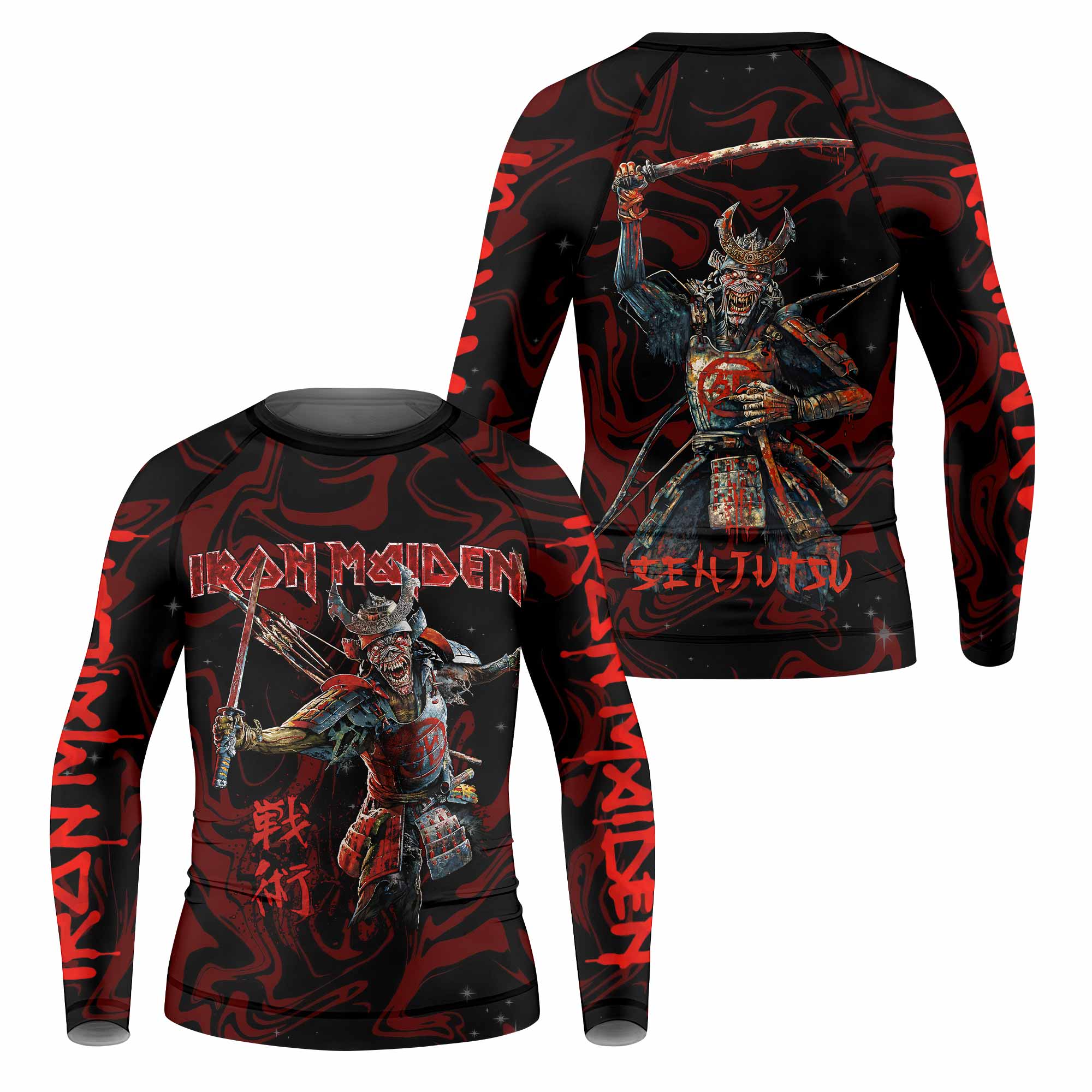 Iron Maiden Senjutsu Samurai Eddie Kids Rash Guard Long Sleeve - front and back view