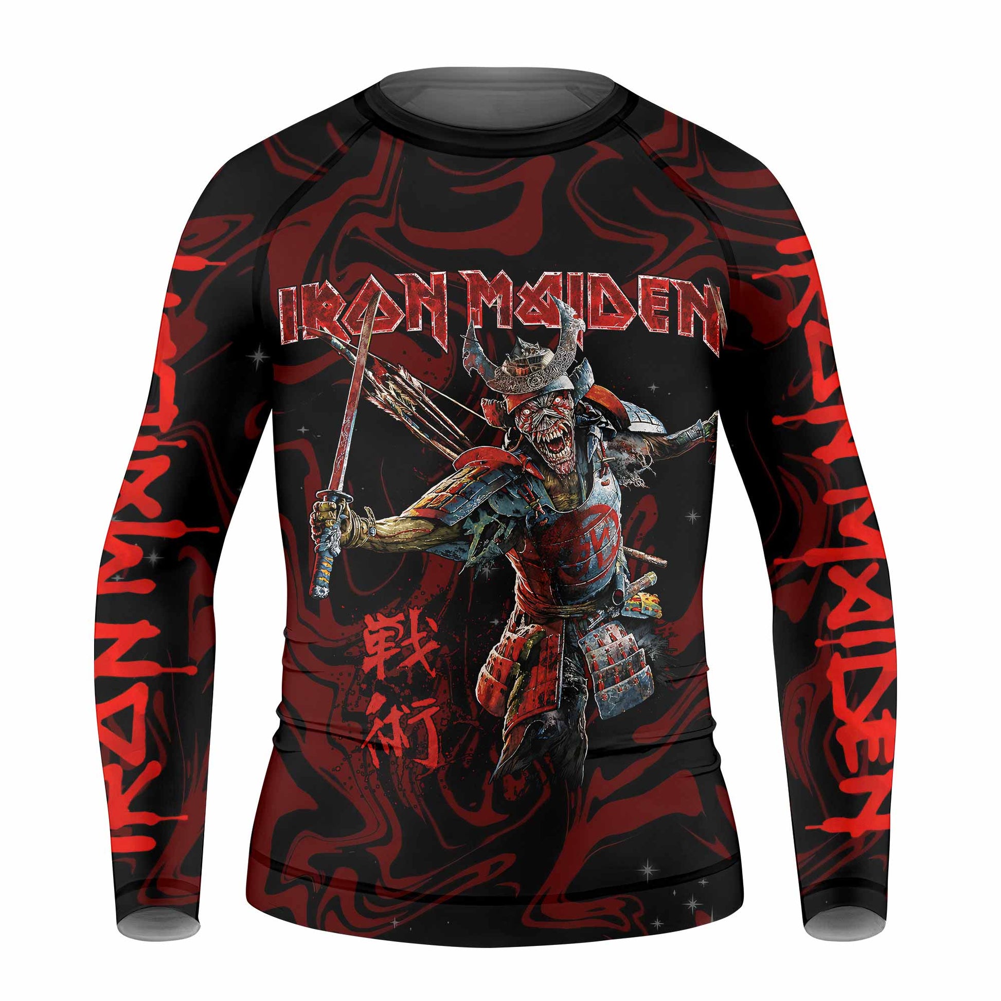 Iron Maiden Senjutsu Samurai Eddie Kids Rash Guard Long Sleeve - front view mockup