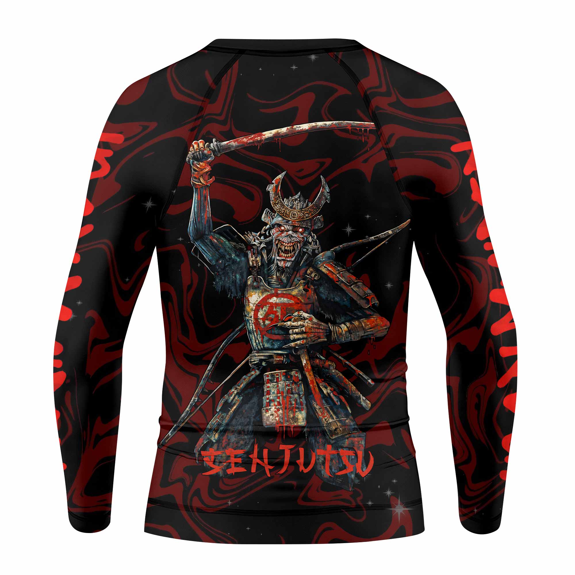 Iron Maiden Senjutsu Samurai Eddie Kids Rash Guard Long Sleeve - back view mockup