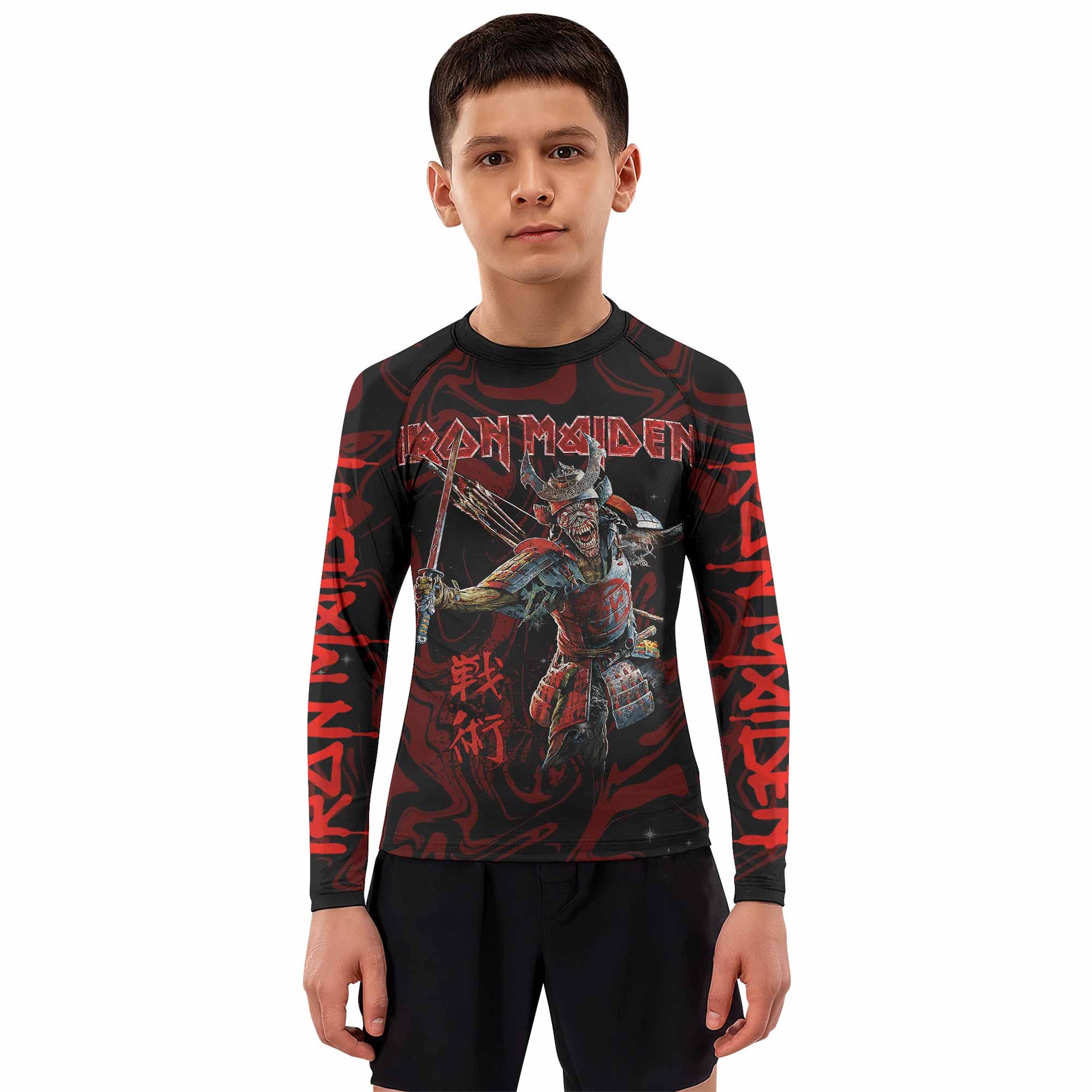 Iron Maiden Senjutsu Samurai Eddie Kids Rash Guard Long Sleeve - boy's lifestyle view