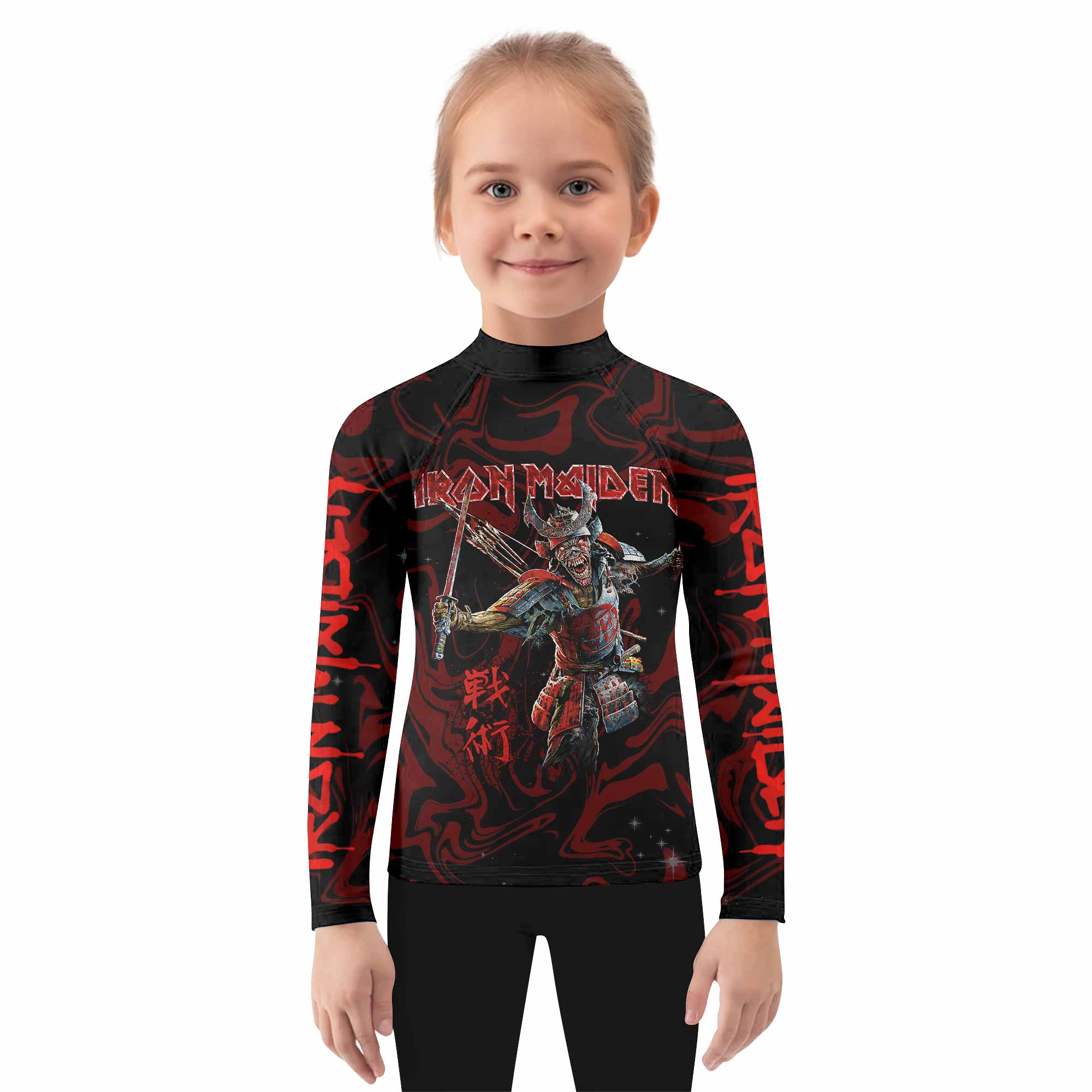 Iron Maiden Senjutsu Samurai Eddie Kids Rash Guard Long Sleeve - girl's lifestyle view