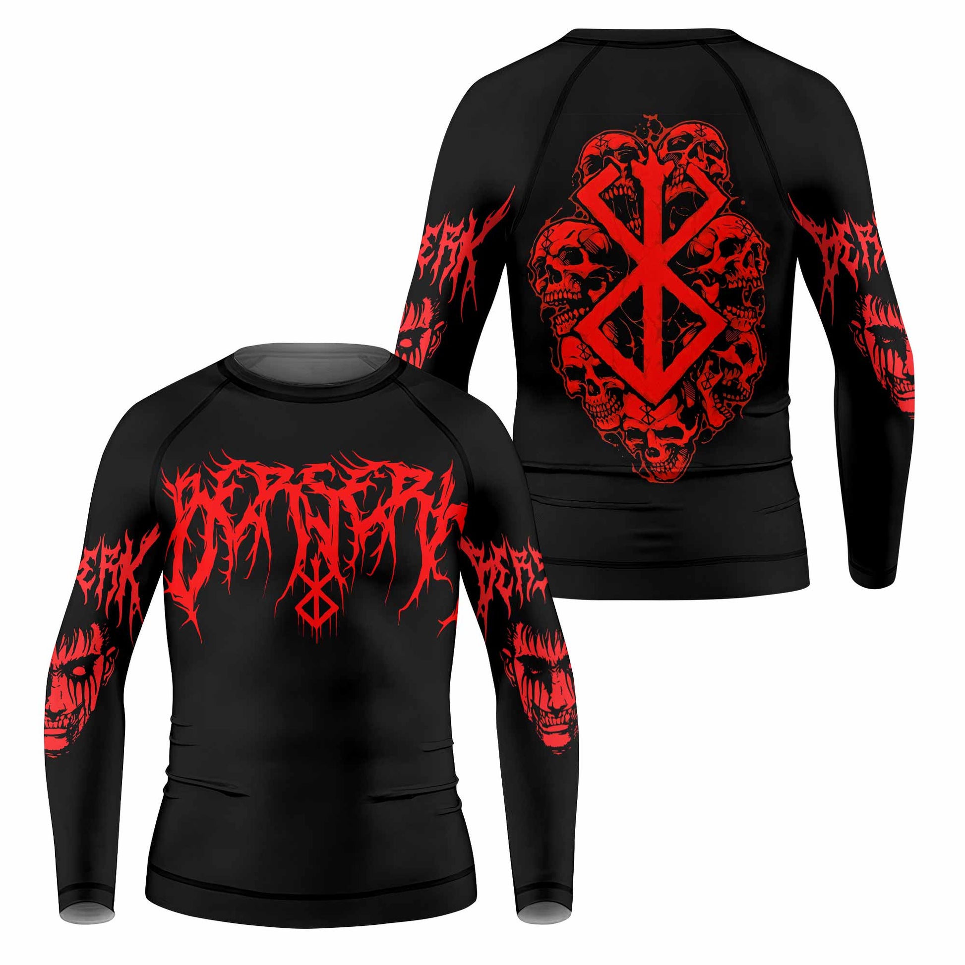 Berserk Metal Skull Knight Kids Rash Guard Long Sleeve - front and back view