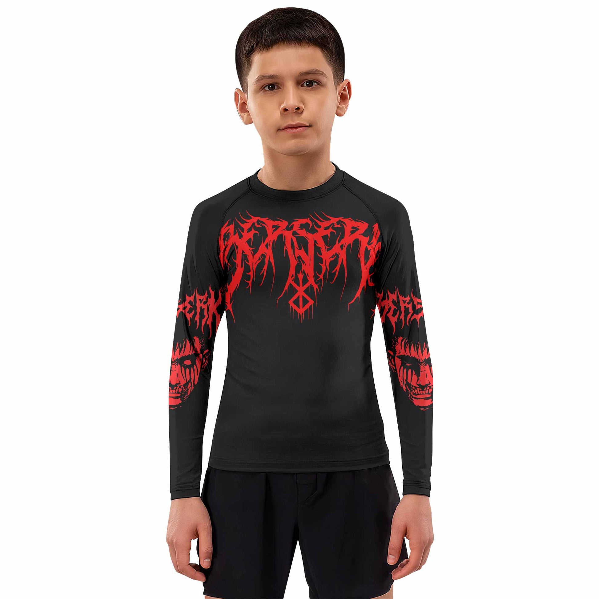 Berserk Metal Skull Knight Kids Rash Guard Long Sleeve - boy's lifestyle view