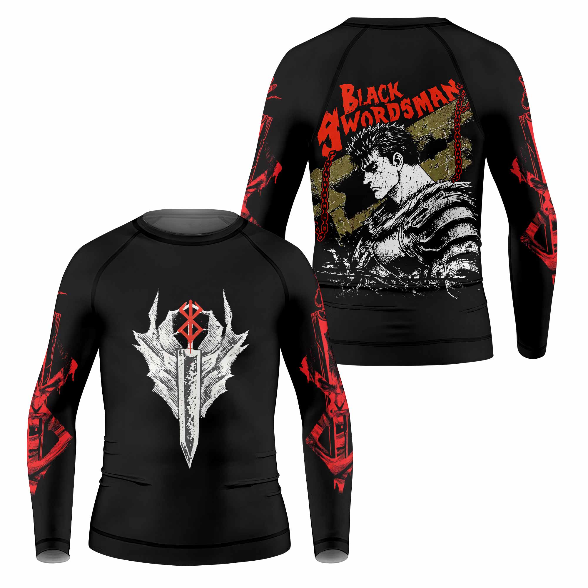 Berserk Black Swordsman Guts Kids Rash Guard Long Sleeve - front and back view
