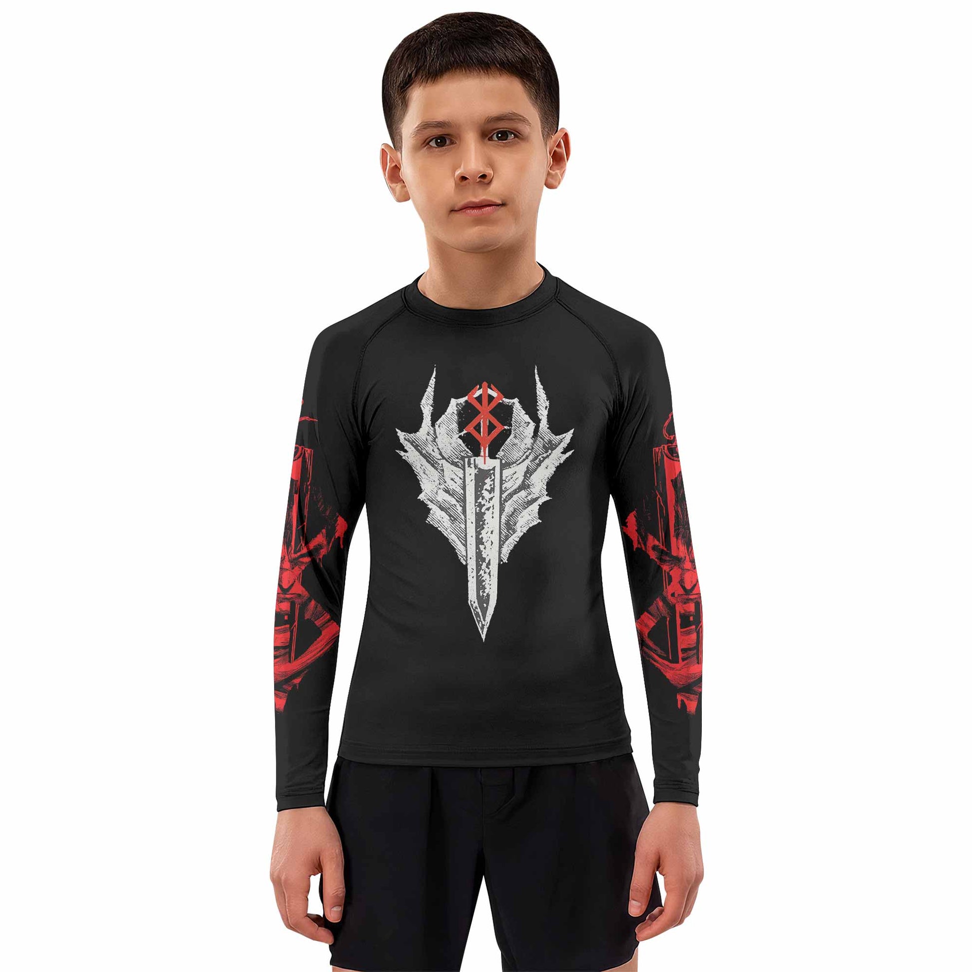 Berserk Black Swordsman Guts Kids Rash Guard Long Sleeve - boy's lifestyle view