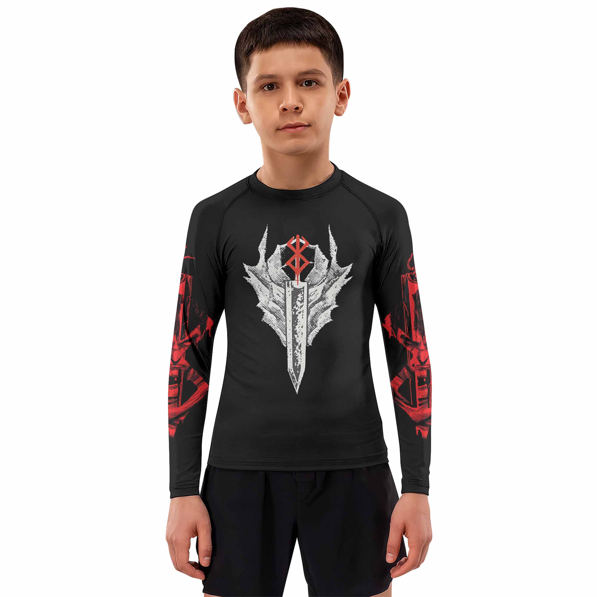 Berserk Black Swordsman Guts Kids Rash Guard Long Sleeve - boy's lifestyle view
