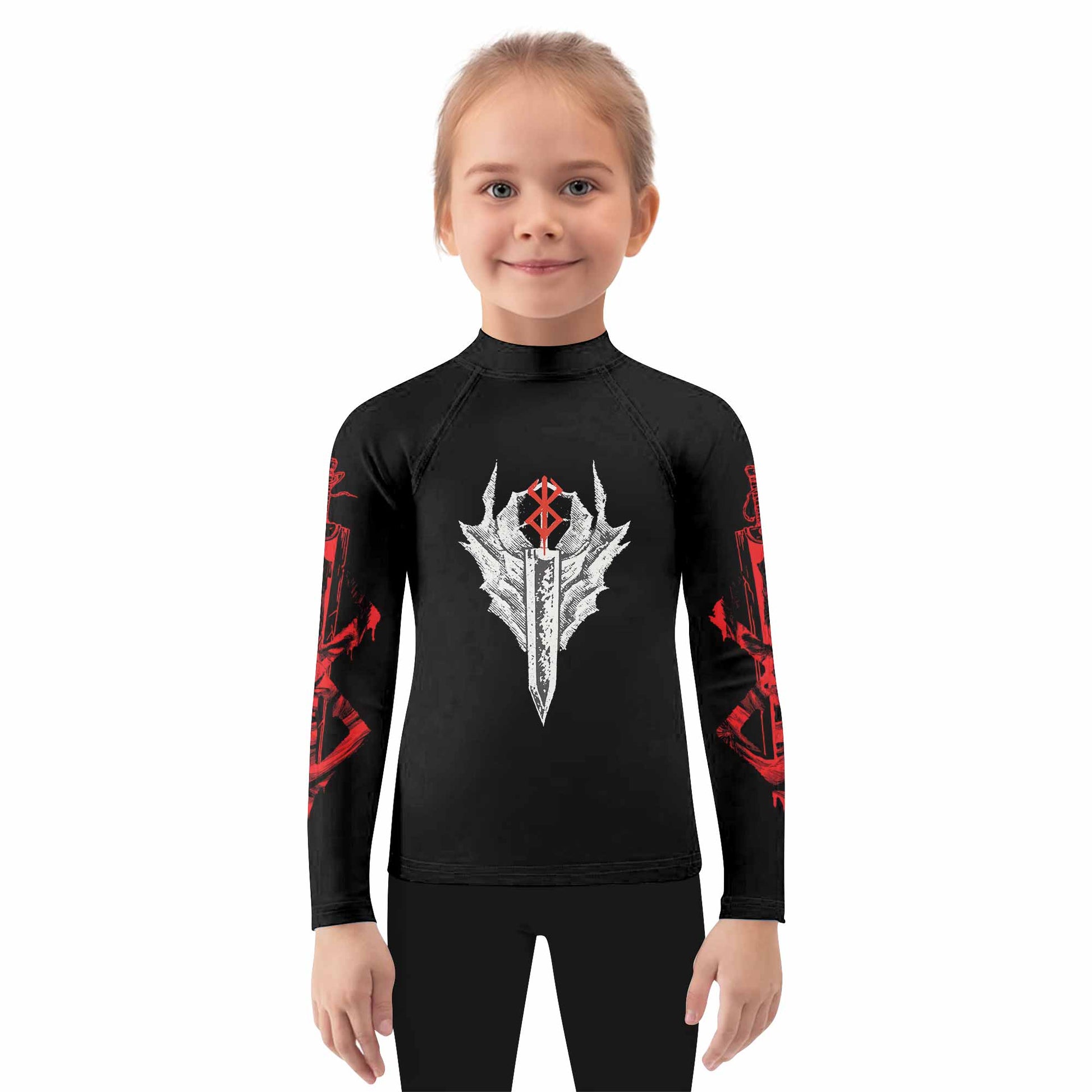 Berserk Black Swordsman Guts Kids Rash Guard Long Sleeve - girl's lifestyle view