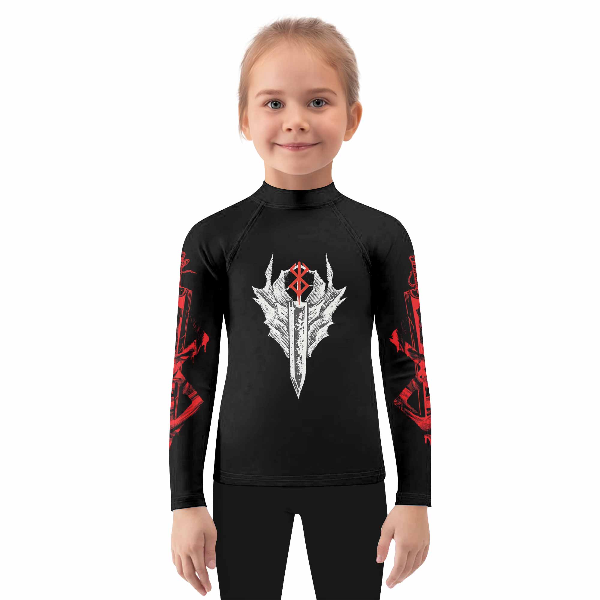 Berserk Black Swordsman Guts Kids Rash Guard Long Sleeve - girl's lifestyle view