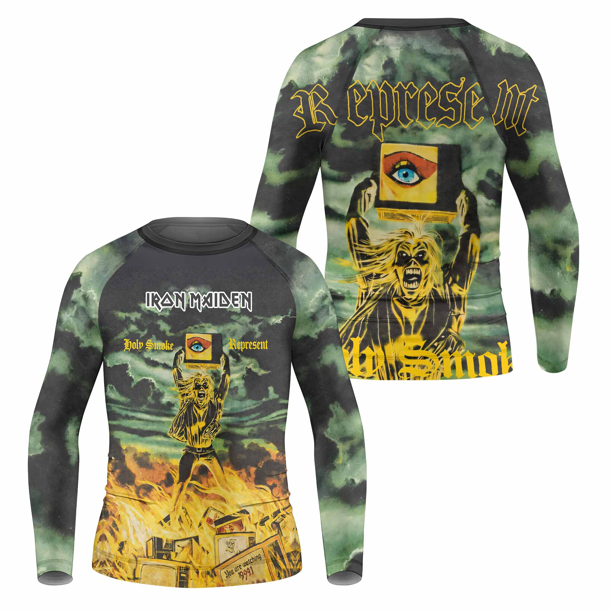Iron Maiden Holy Smoke Kids Rash Guard Long Sleeve - front and back view