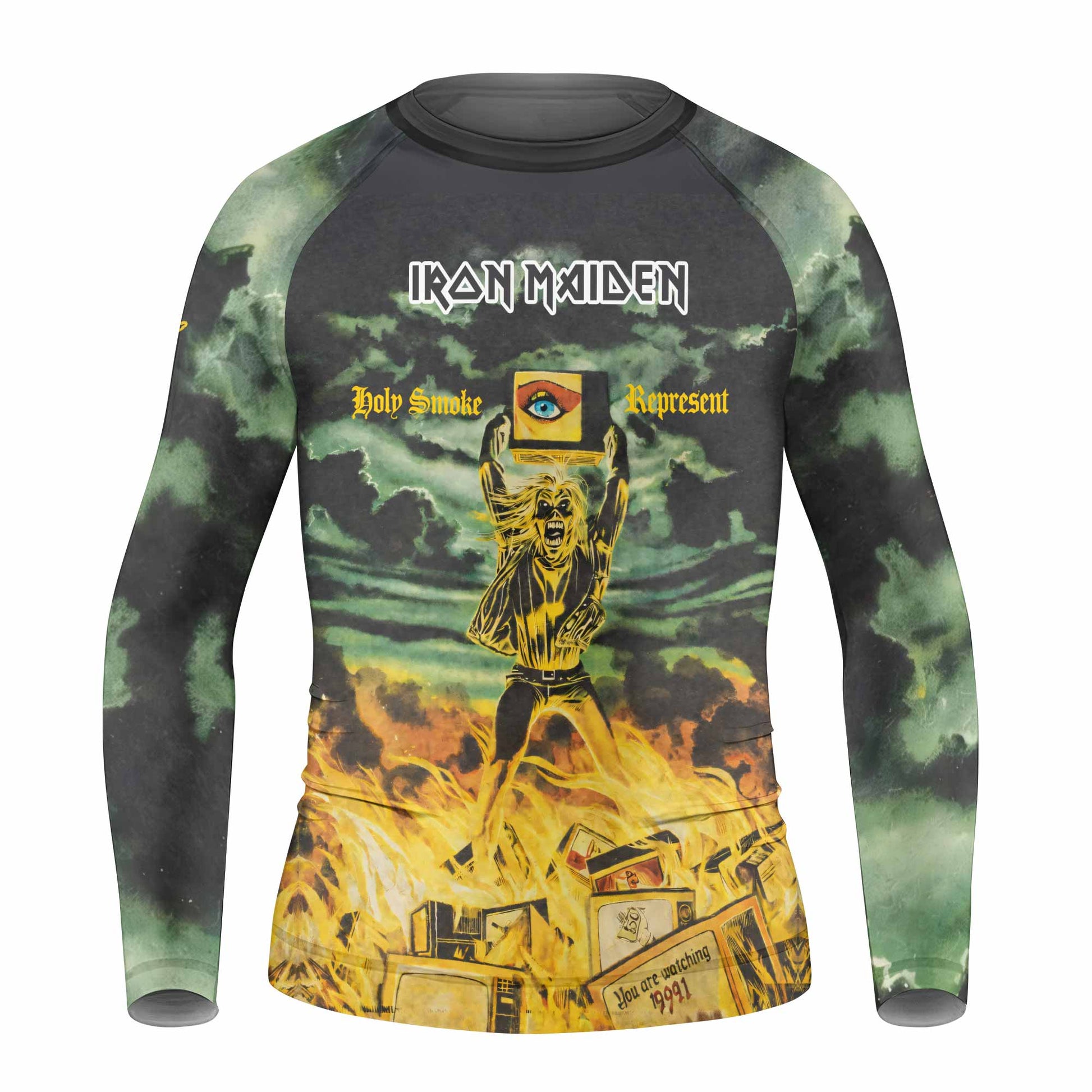 Iron Maiden Holy Smoke Kids Rash Guard Long Sleeve - front view mockup