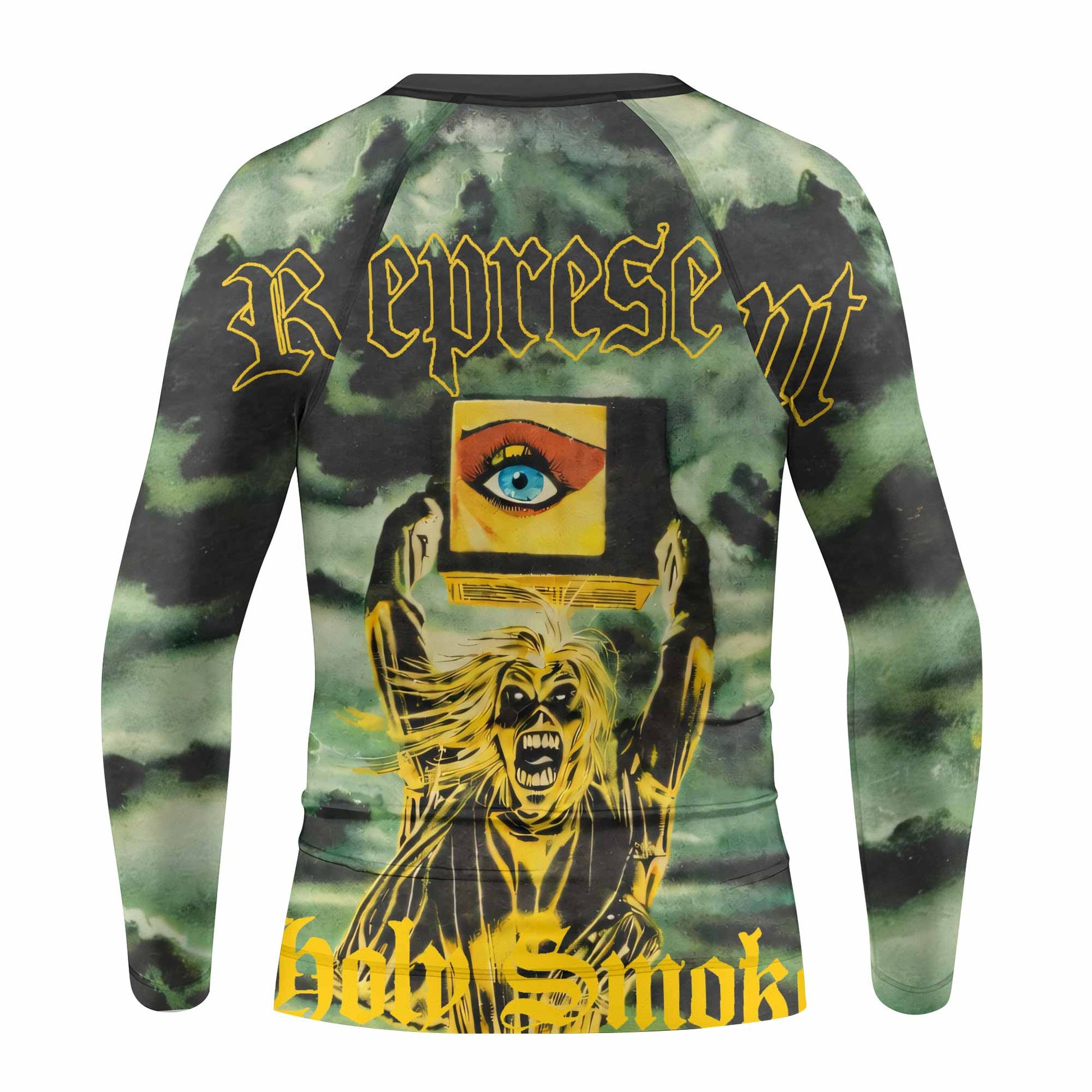 Iron Maiden Holy Smoke Kids Rash Guard Long Sleeve - back view mockup