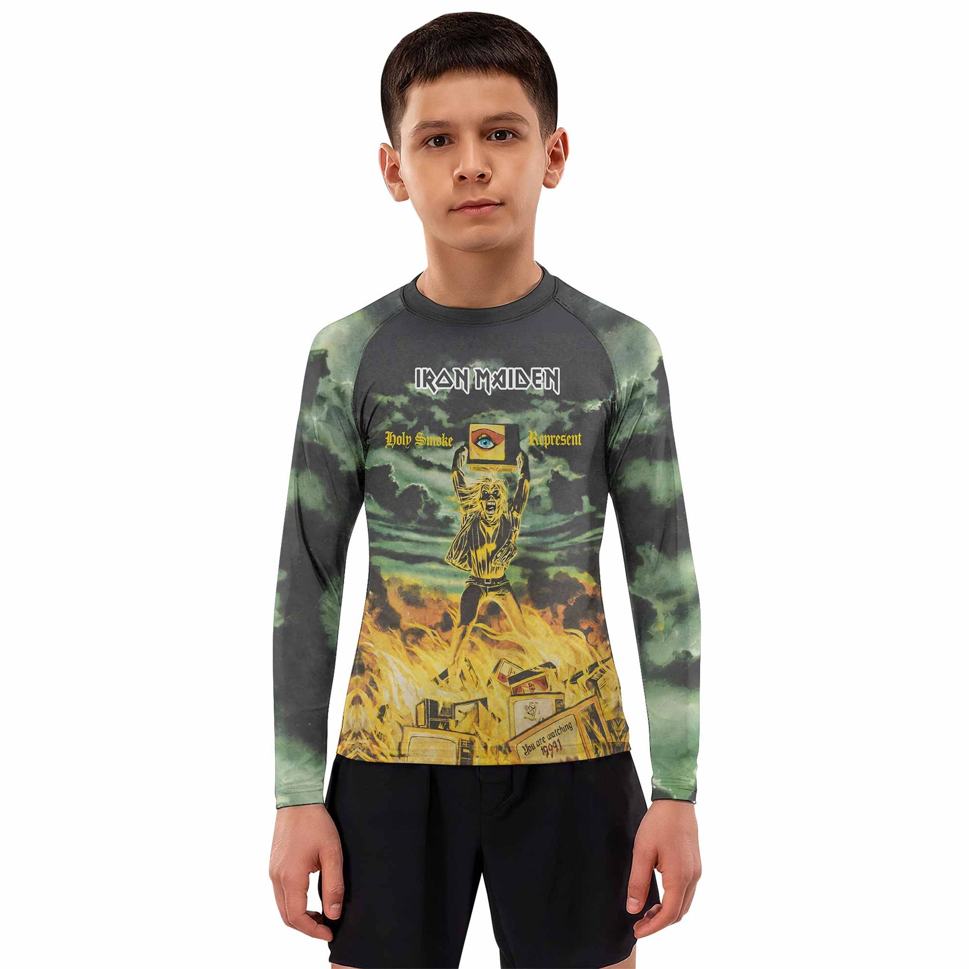 Iron Maiden Holy Smoke Kids Rash Guard Long Sleeve - boy's lifestyle view