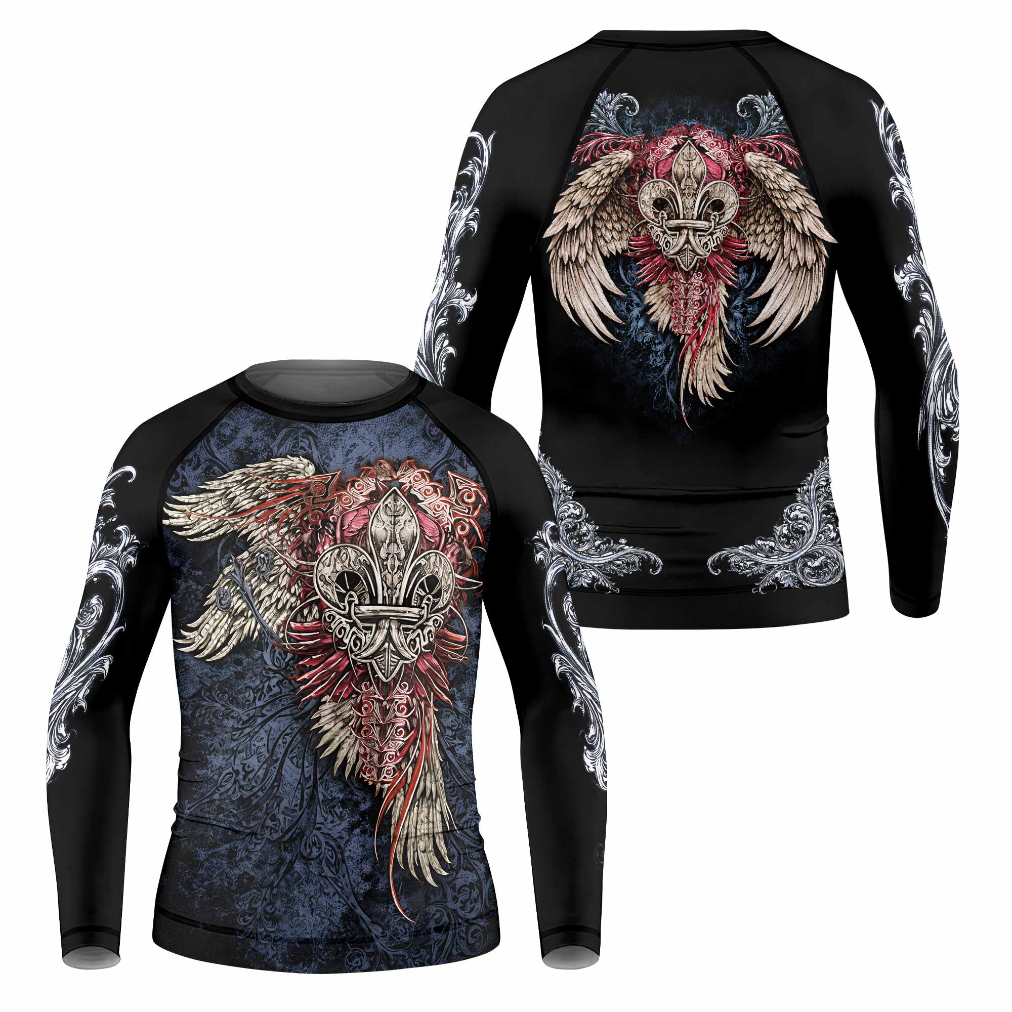 Metallic Embossed Angel Kids Rash Guard Long Sleeve - front and back view
