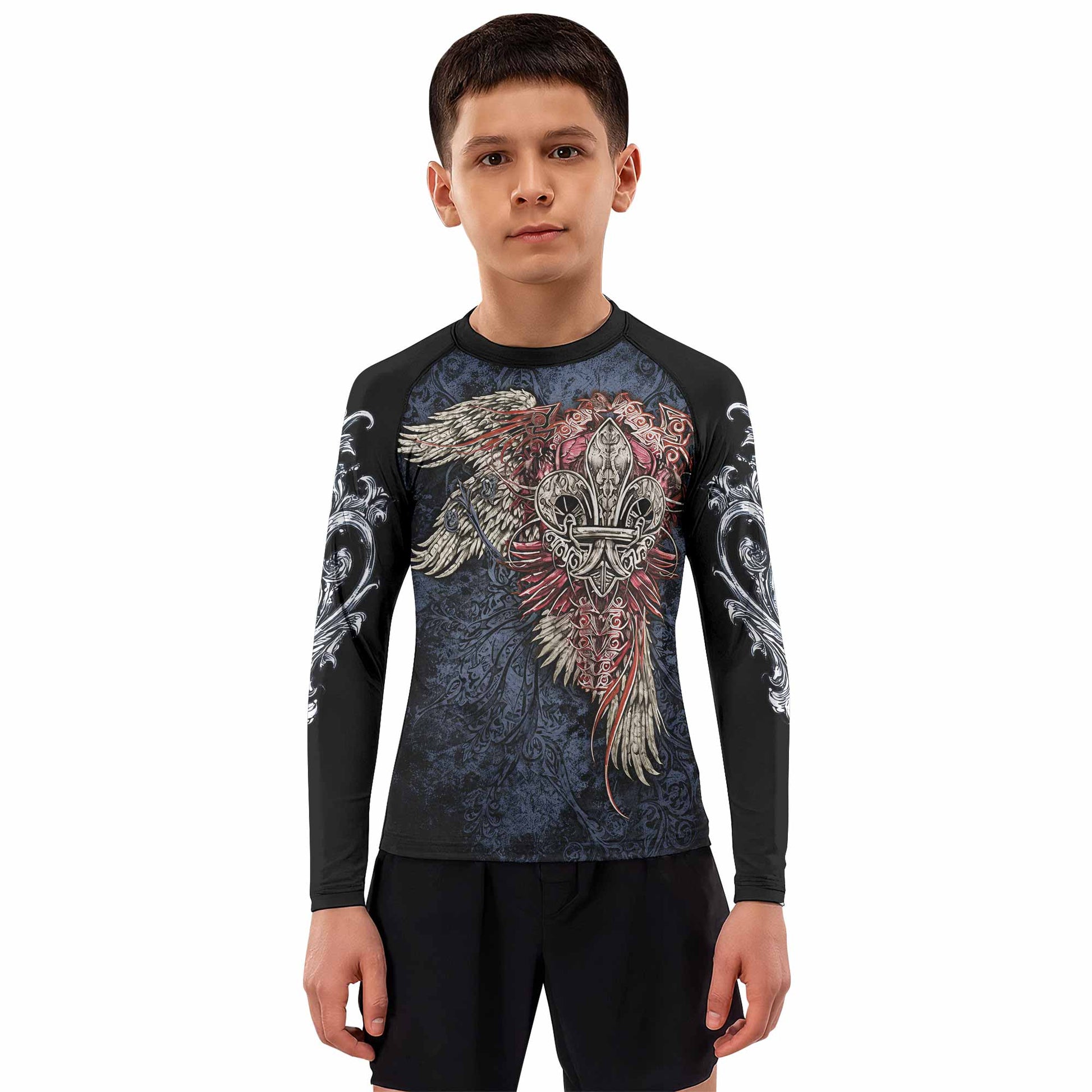 Metallic Embossed Angel Kids Rash Guard Long Sleeve - boy's lifestyle view