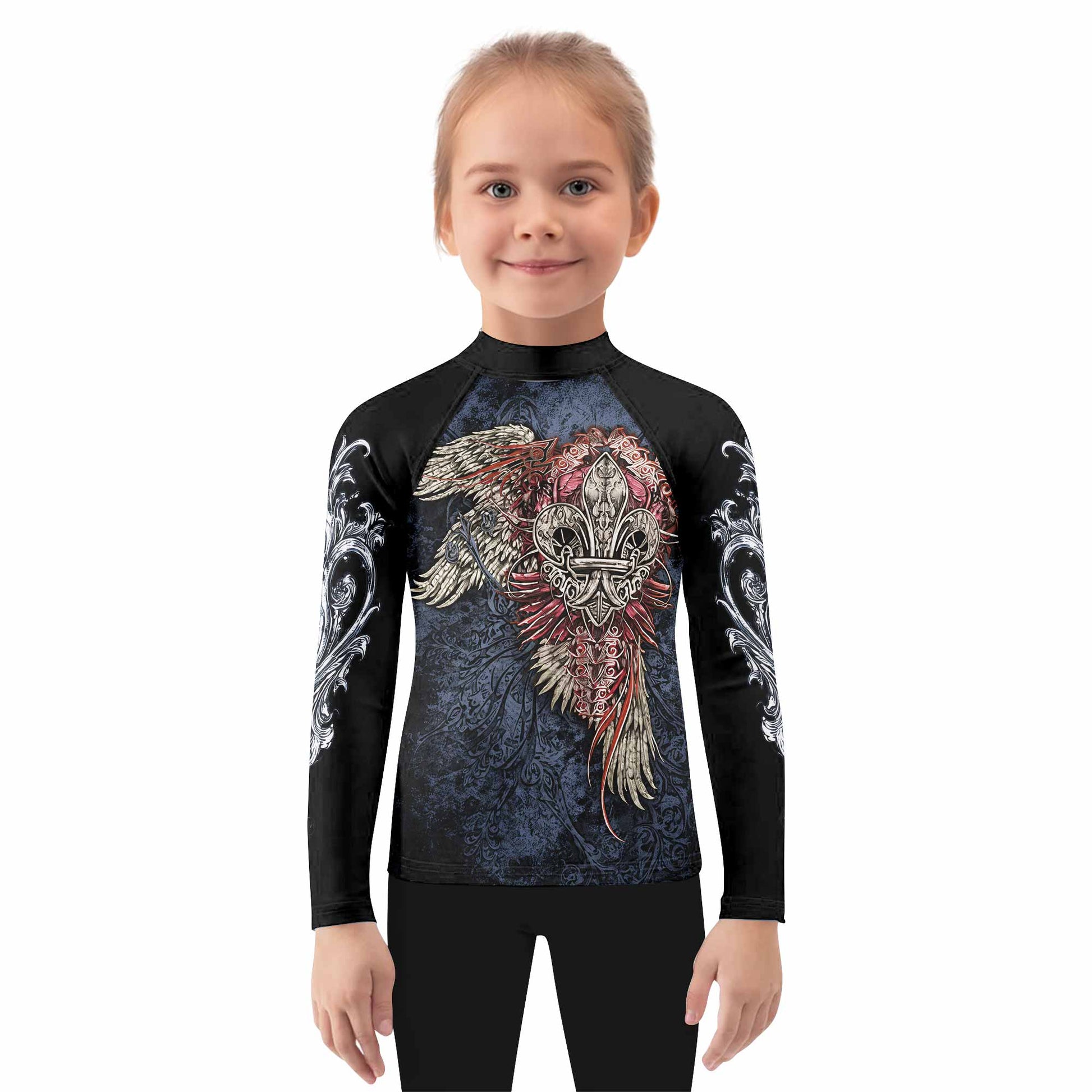 Metallic Embossed Angel Kids Rash Guard Long Sleeve - girl's lifestyle view
